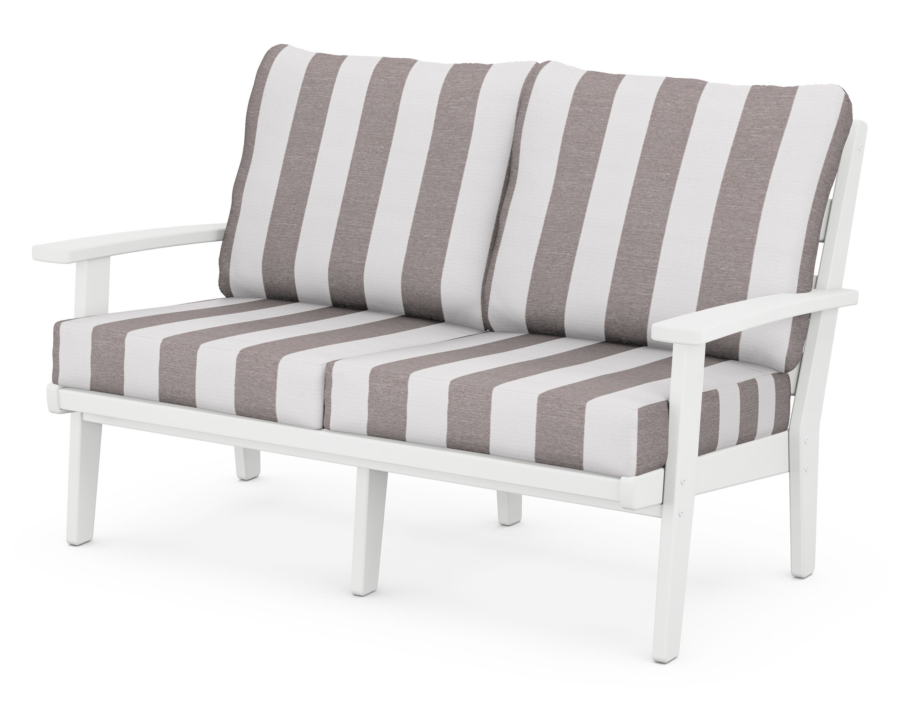 POLYWOOD® Grant Park Deep Seating Loveseat in White / Cabana Stripe Grey Mist