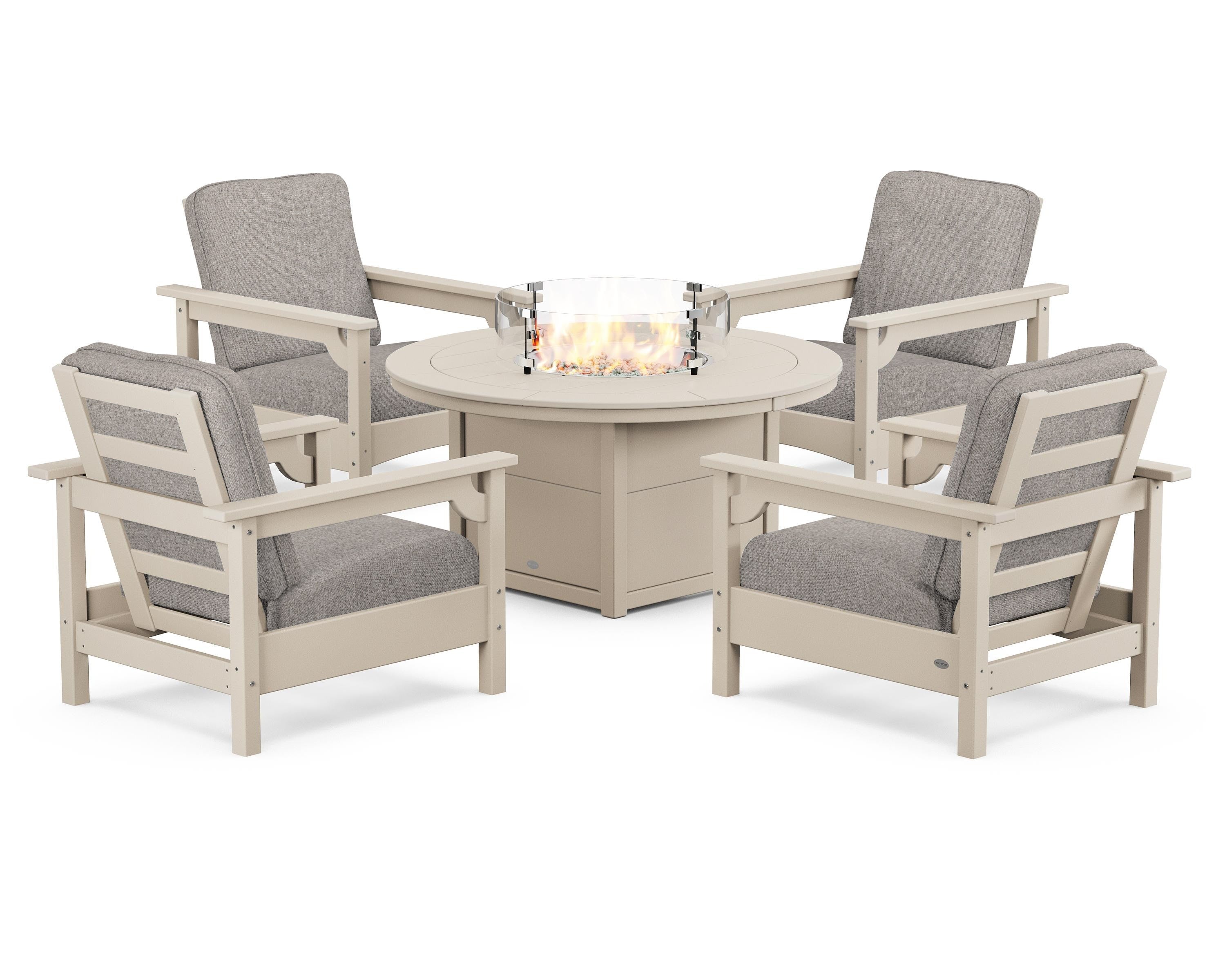 POLYWOOD® Club 5-Piece Conversation Set with Fire Pit Table in Sand / Weathered Tweed