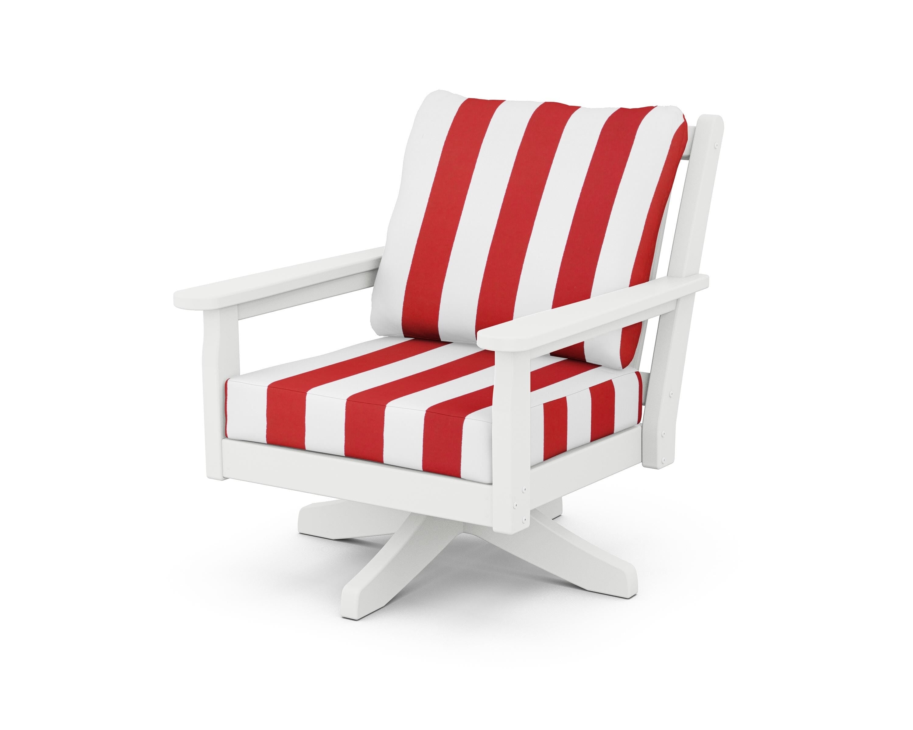 POLYWOOD® Chippendale Deep Seating Swivel Chair in White / Cabana Stripe Crimson