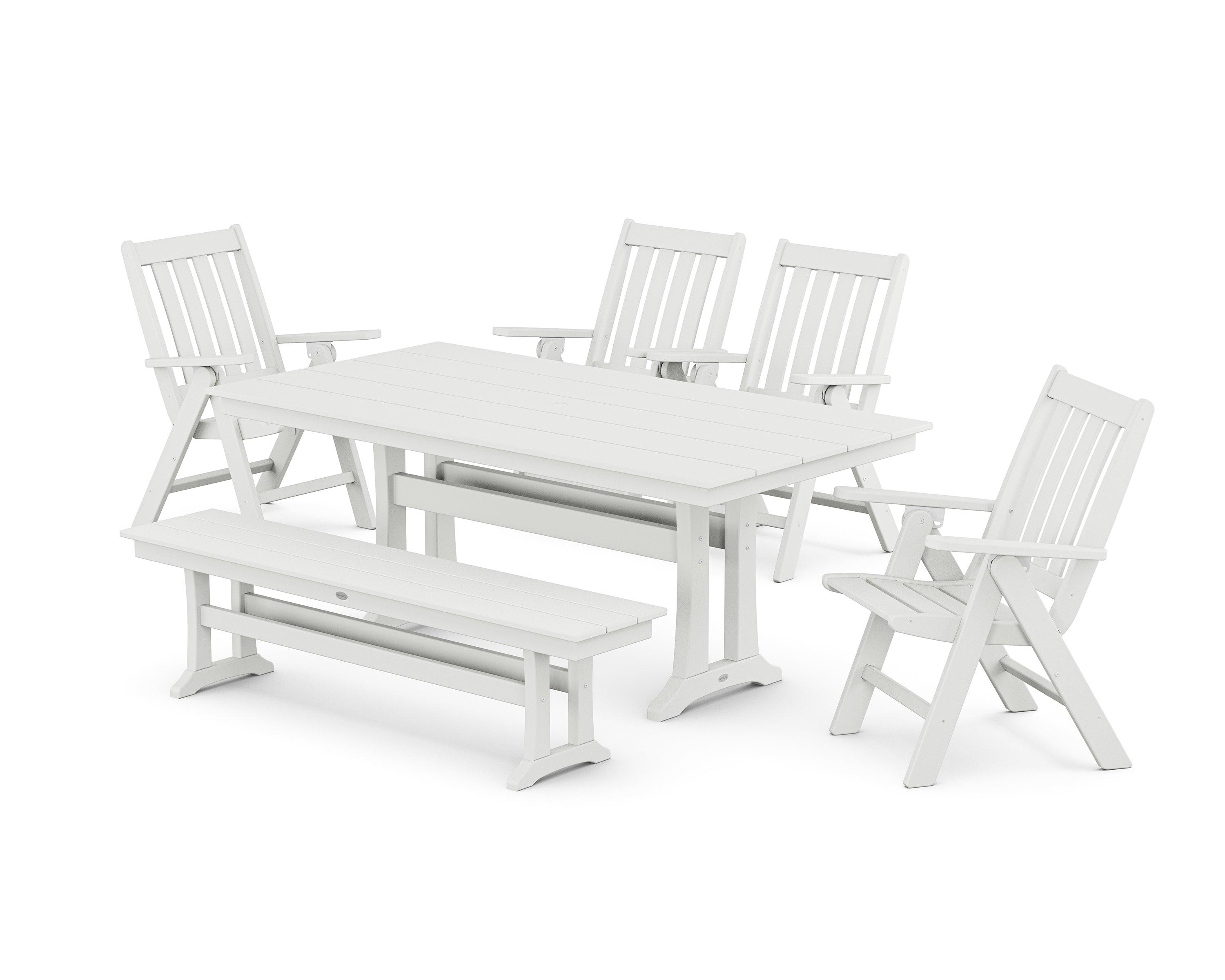 POLYWOOD® Vineyard 6-Piece Folding Chair Farmhouse Dining Set with Trestle Legs and Bench in White