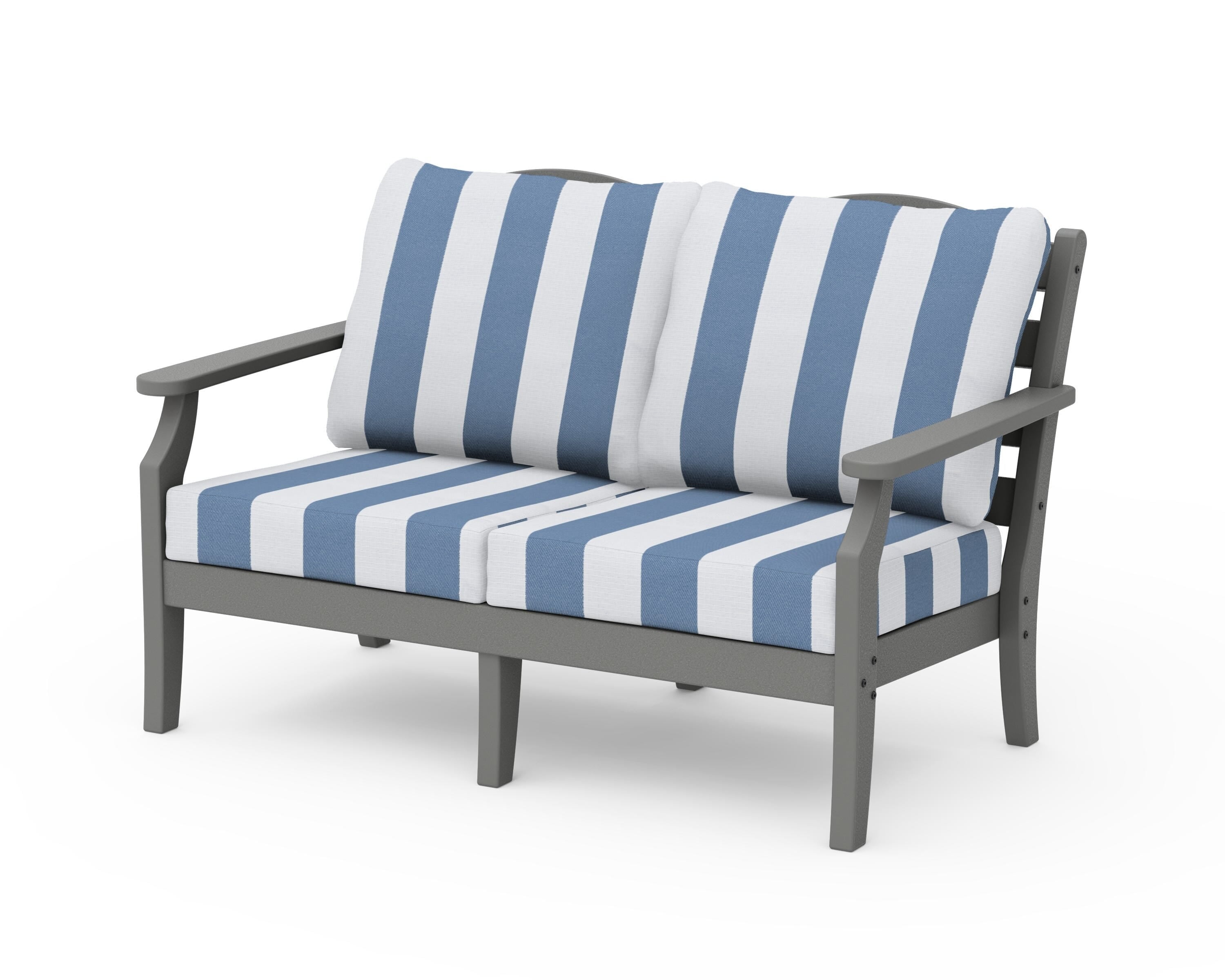 Draper James™ by POLYWOOD® Savannah Deep Seating Loveseat in Slate Grey / Cabana Stripe Sky Blue