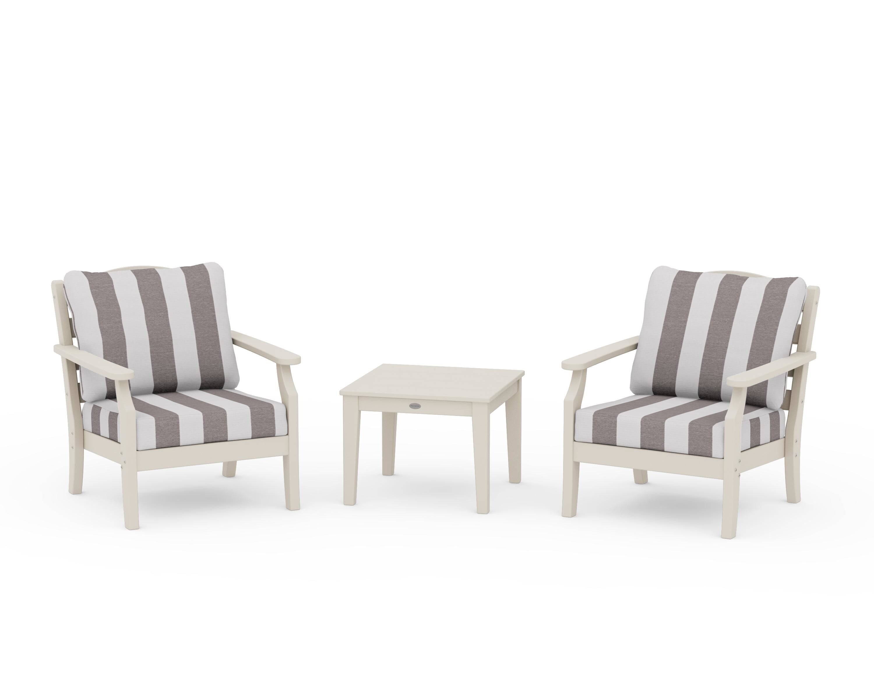 Draper James™ by POLYWOOD® Savannah 3-Piece Deep Seating Set in Sand / Cabana Stripe Grey Mist