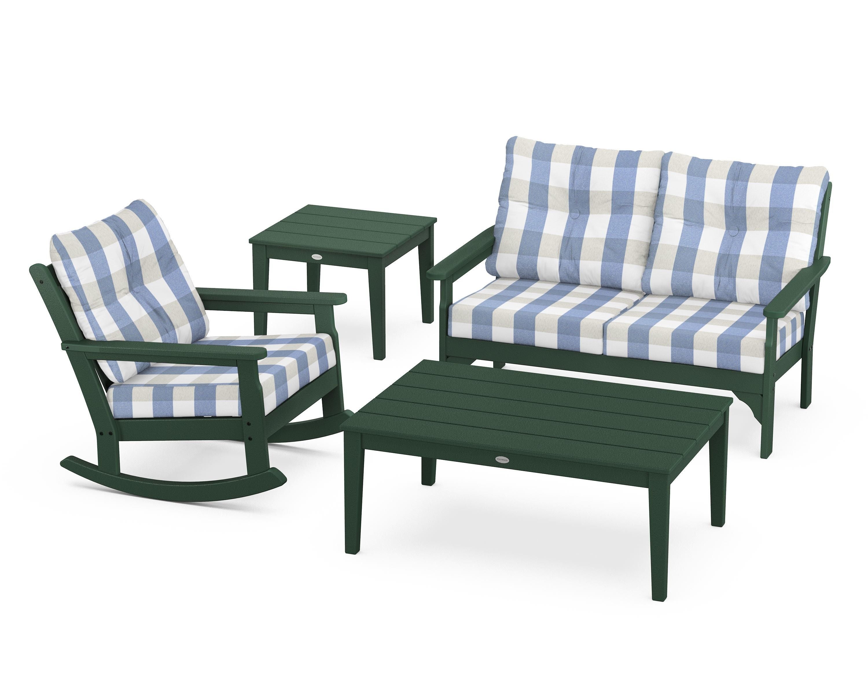 POLYWOOD® Vineyard 4-Piece Deep Seating Rocker Set in Green / Buffalo Plaid Sky Blue