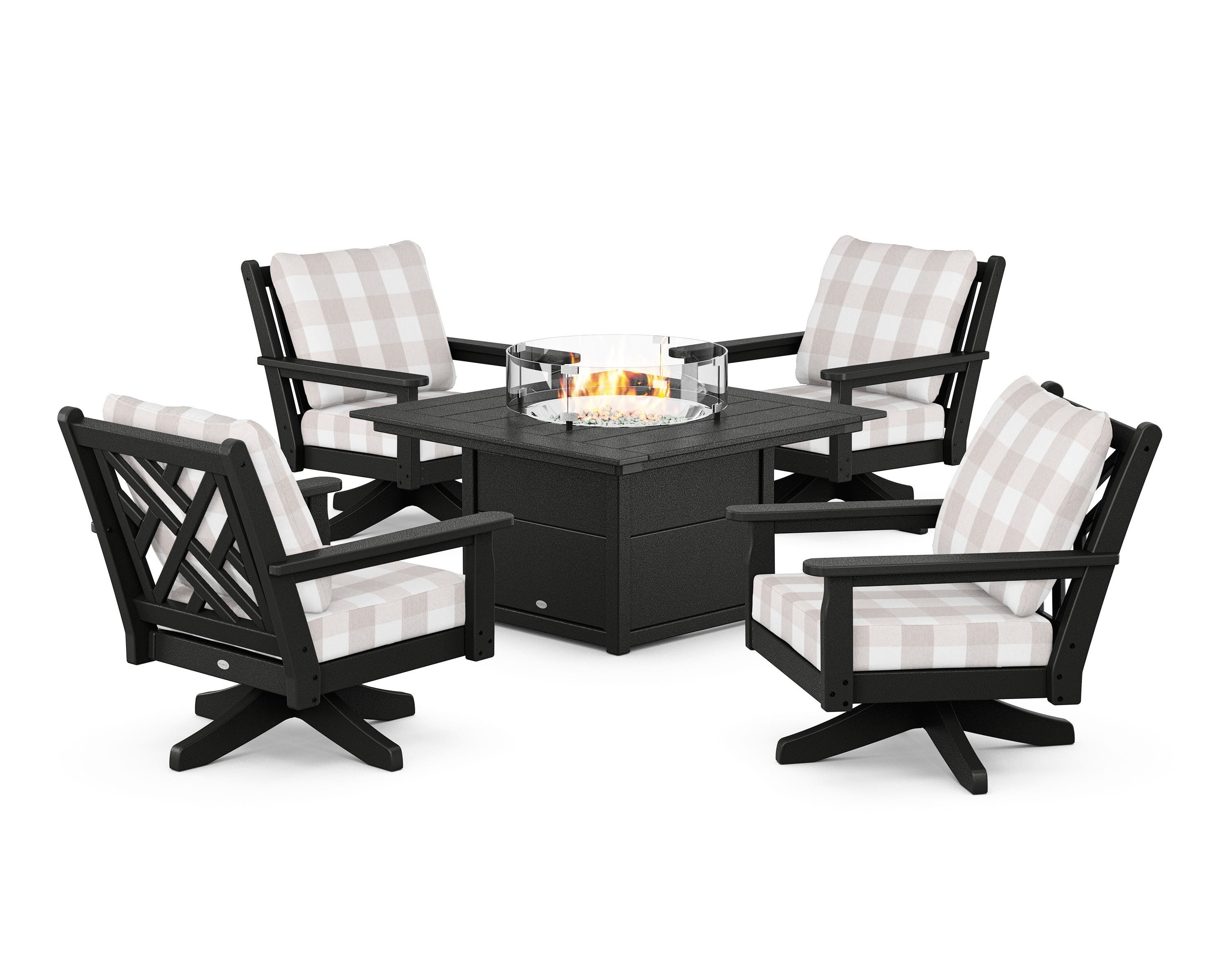 POLYWOOD® Chippendale 5-Piece Deep Seating Swivel Conversation Set with Fire Pit Table in Black / Buffalo Plaid Dune Burlap