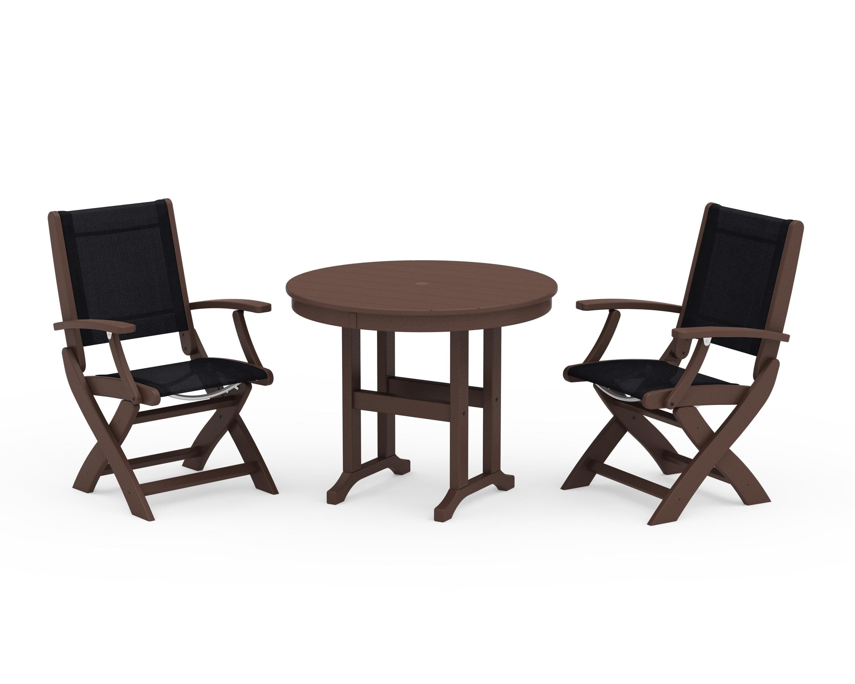 POLYWOOD® Coastal Folding Chair 3-Piece Round Dining Set in Mahogany / Black Sling