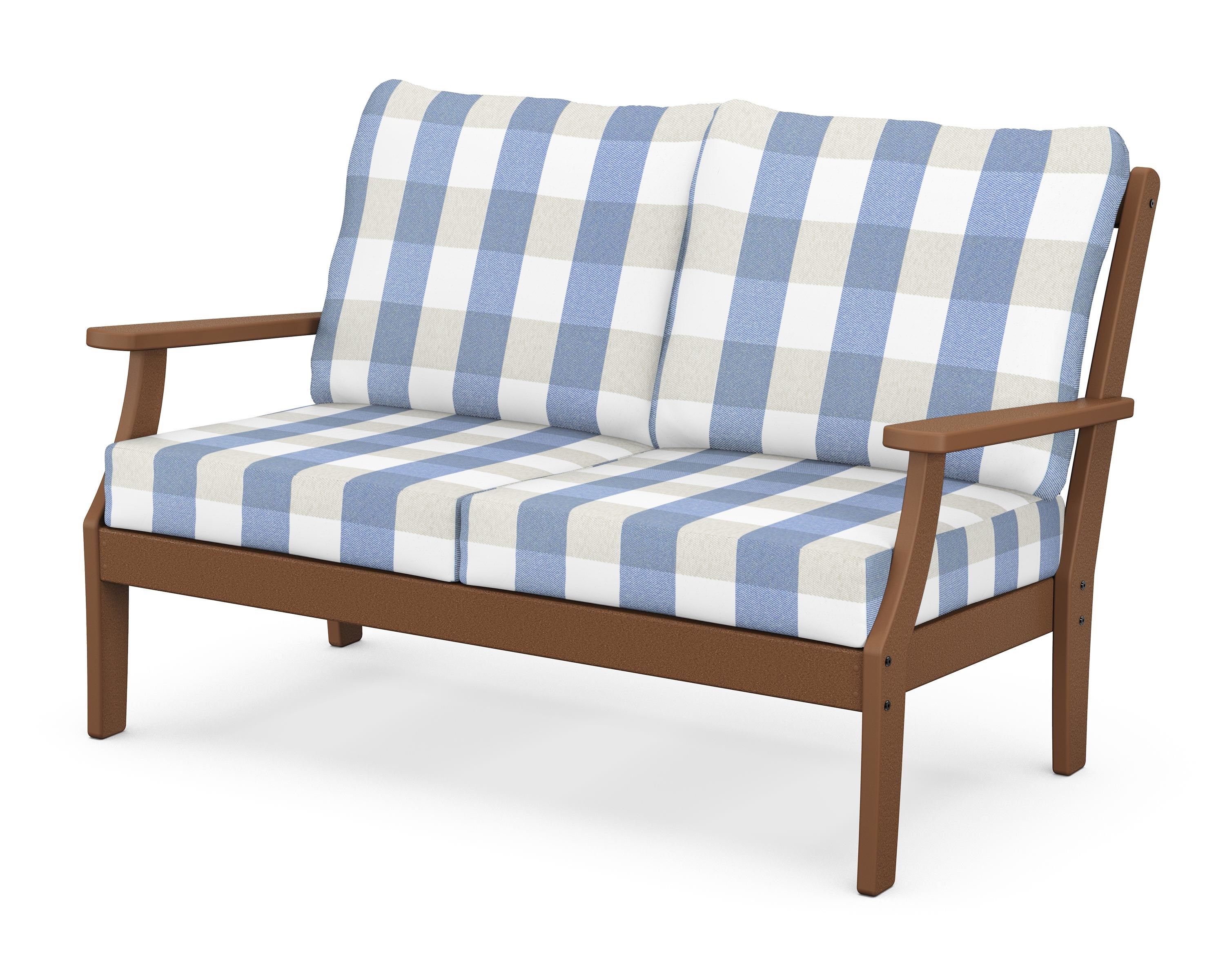 POLYWOOD® Braxton Deep Seating Loveseat in Teak / Buffalo Plaid Sky Blue
