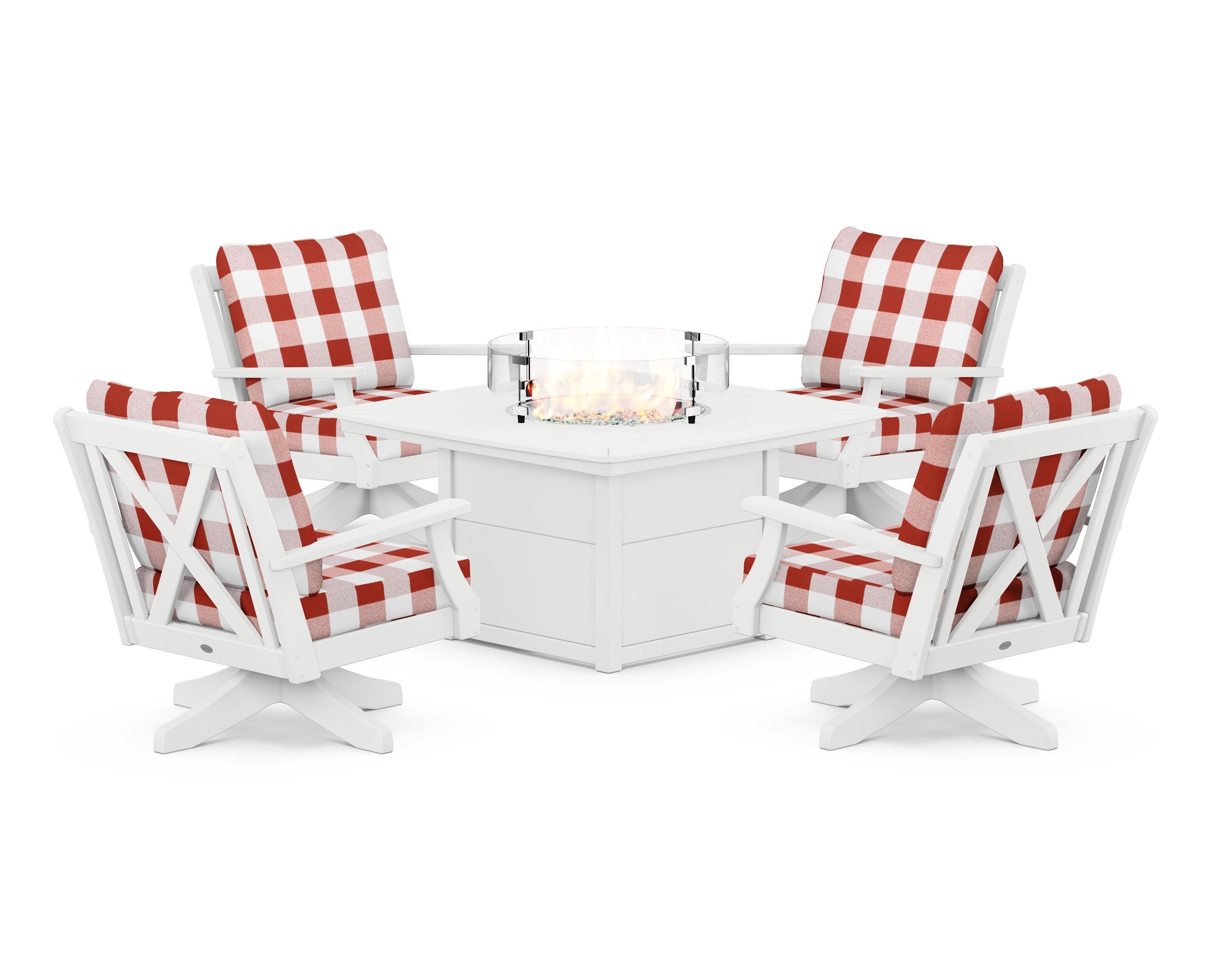 POLYWOOD® Braxton 5-Piece Deep Seating Swivel Conversation Set with Fire Pit Table in White / Buffalo Plaid Crimson