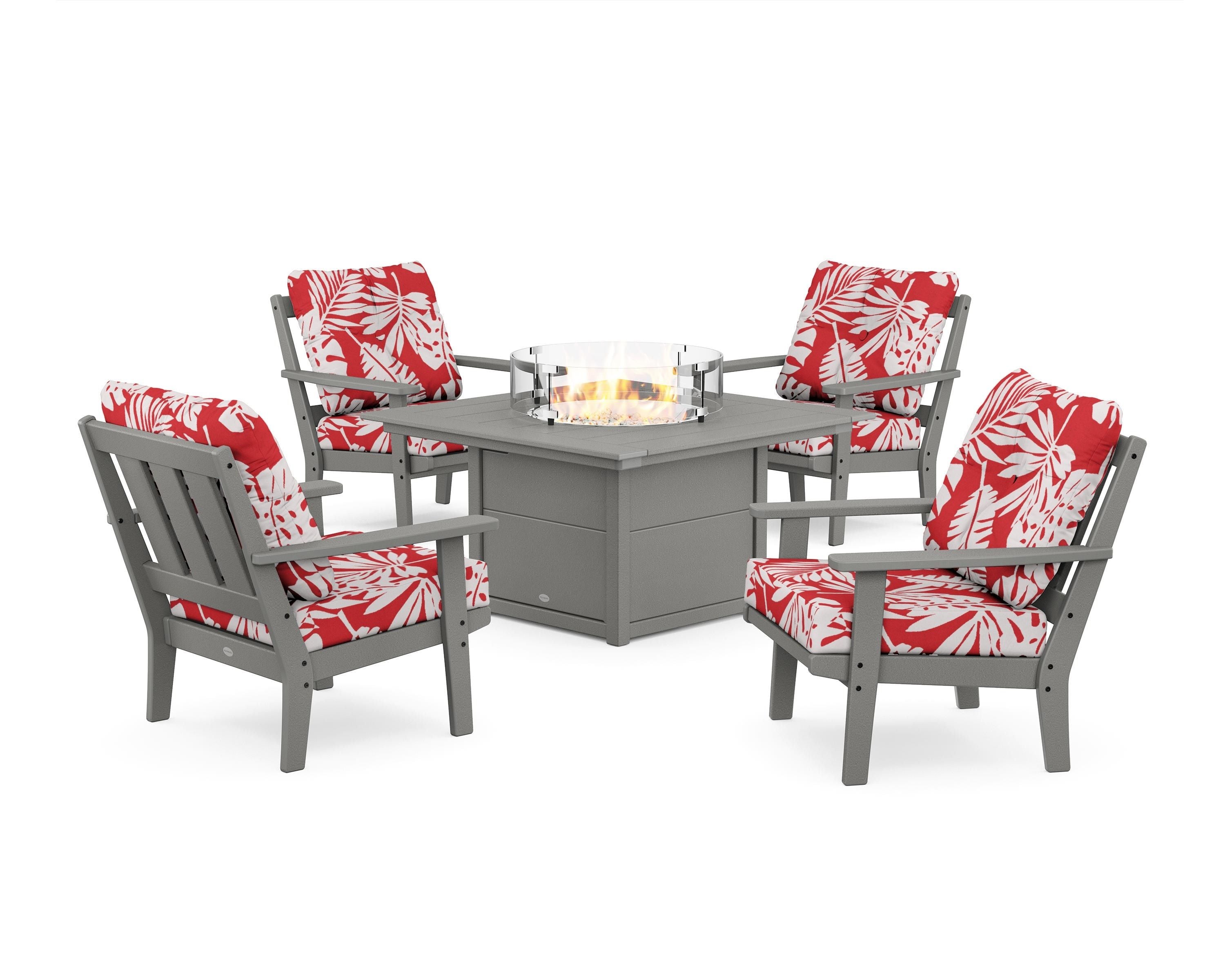 POLYWOOD® Oxford 5-Piece Deep Seating Set with Fire Pit Table in Slate Grey / Leaf Crimson
