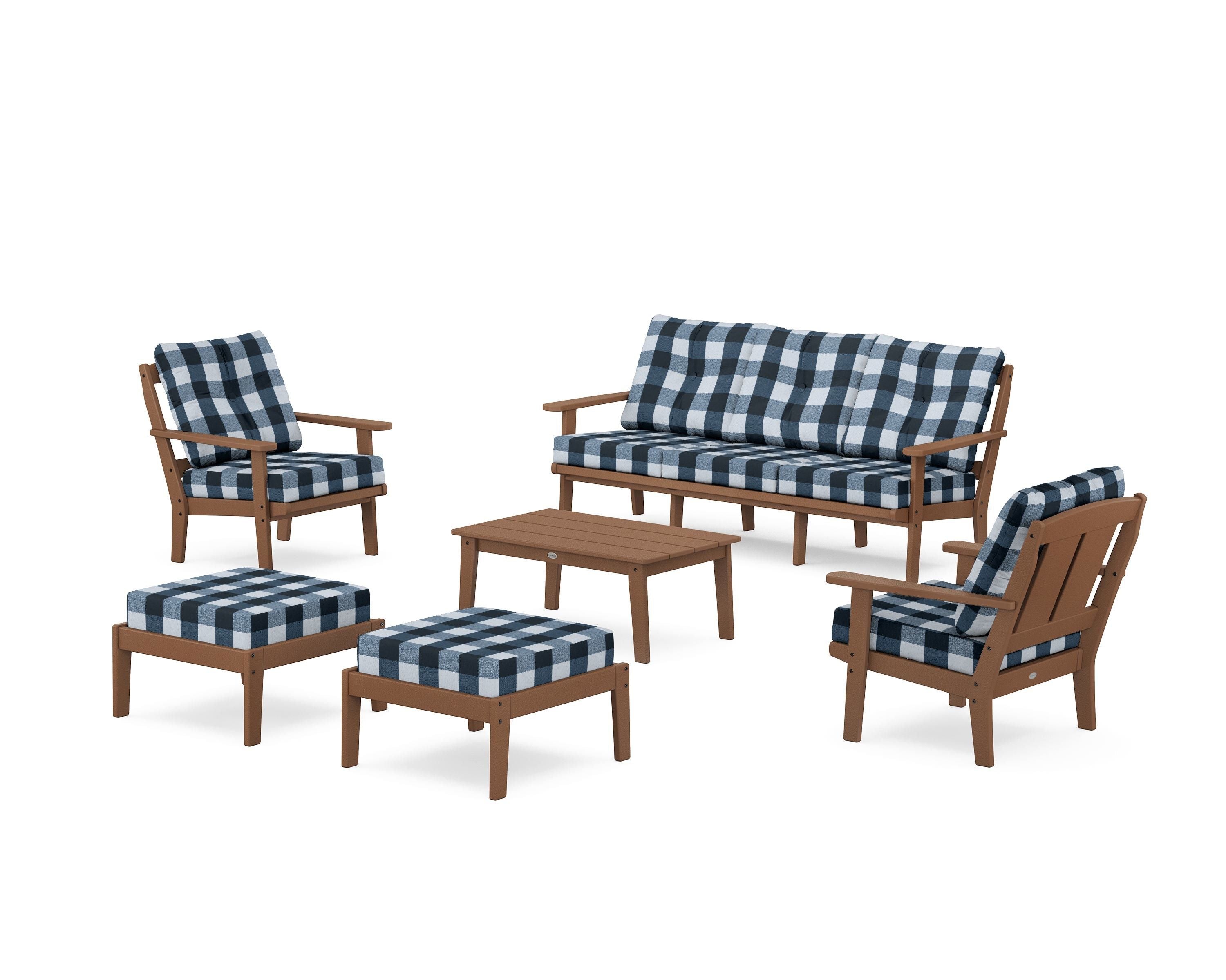 POLYWOOD® Mission 6-Piece Lounge Sofa Set in Teak / Buffalo Plaid Marine Indigo