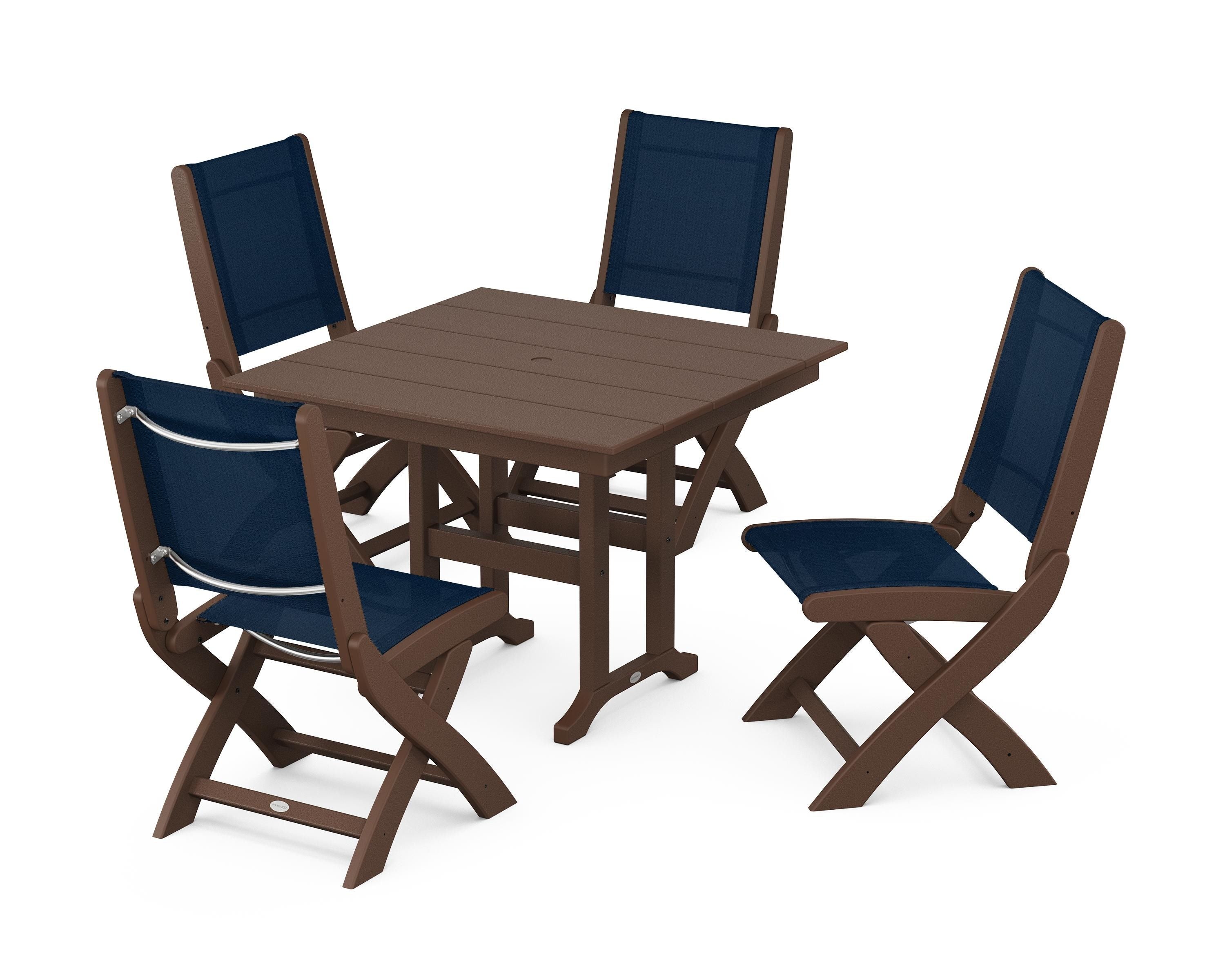 POLYWOOD® Coastal Folding Side Chair 5-Piece Farmhouse Dining Set in Mahogany / Navy Blue Sling