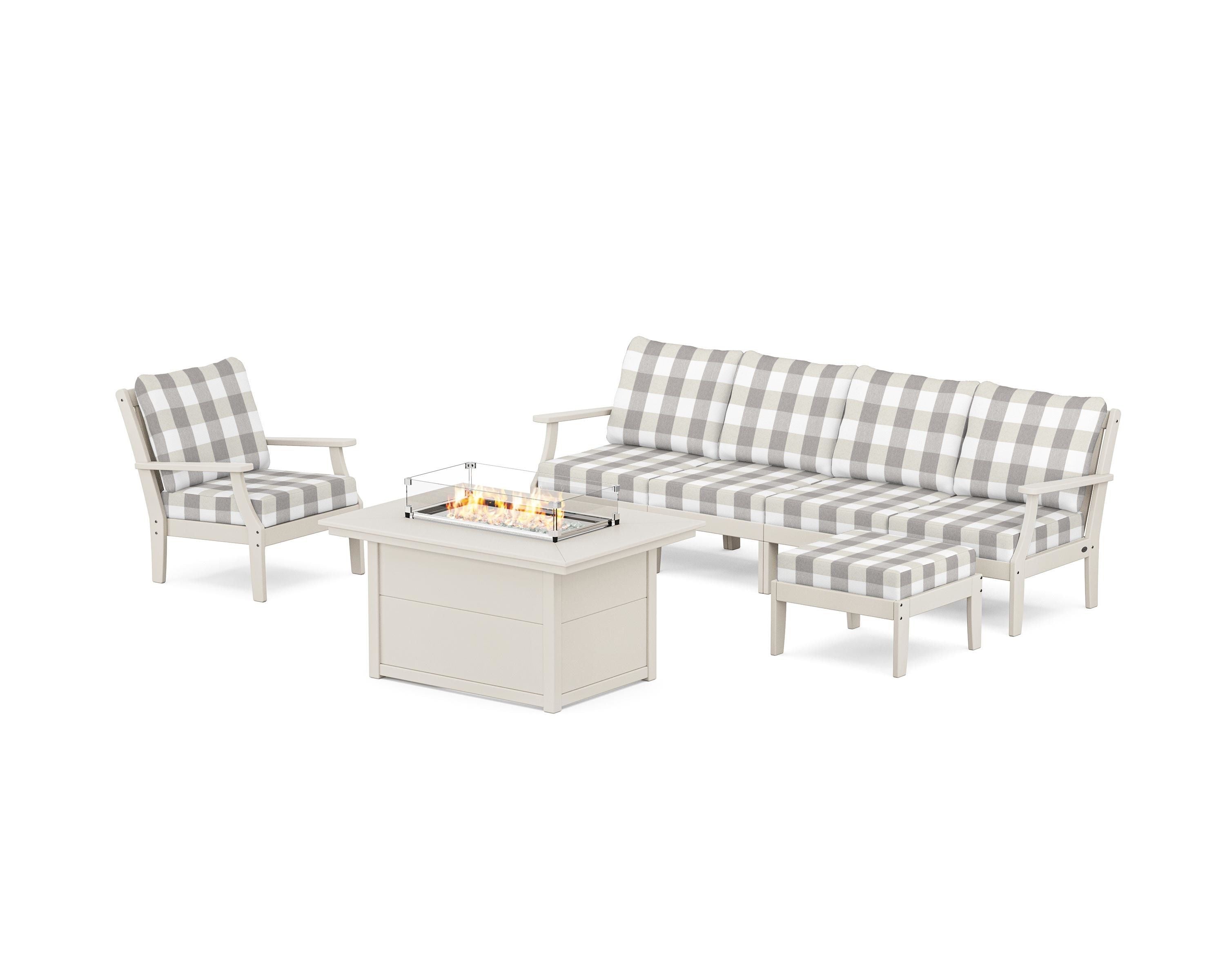 POLYWOOD® Braxton Sectional Lounge and Fire Pit Set in Sand / Buffalo Plaid Grey Mist