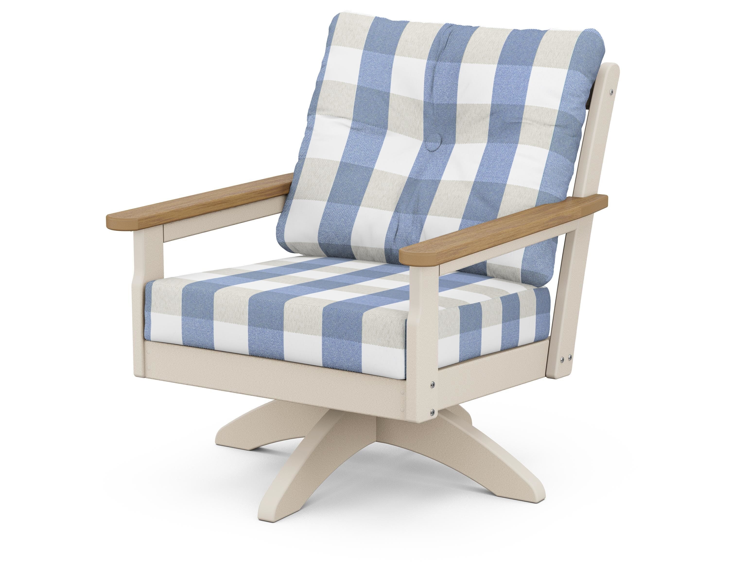 POLYWOOD® Vineyard Deep Seating Swivel Chair in Sand / Natural / Buffalo Plaid Sky Blue