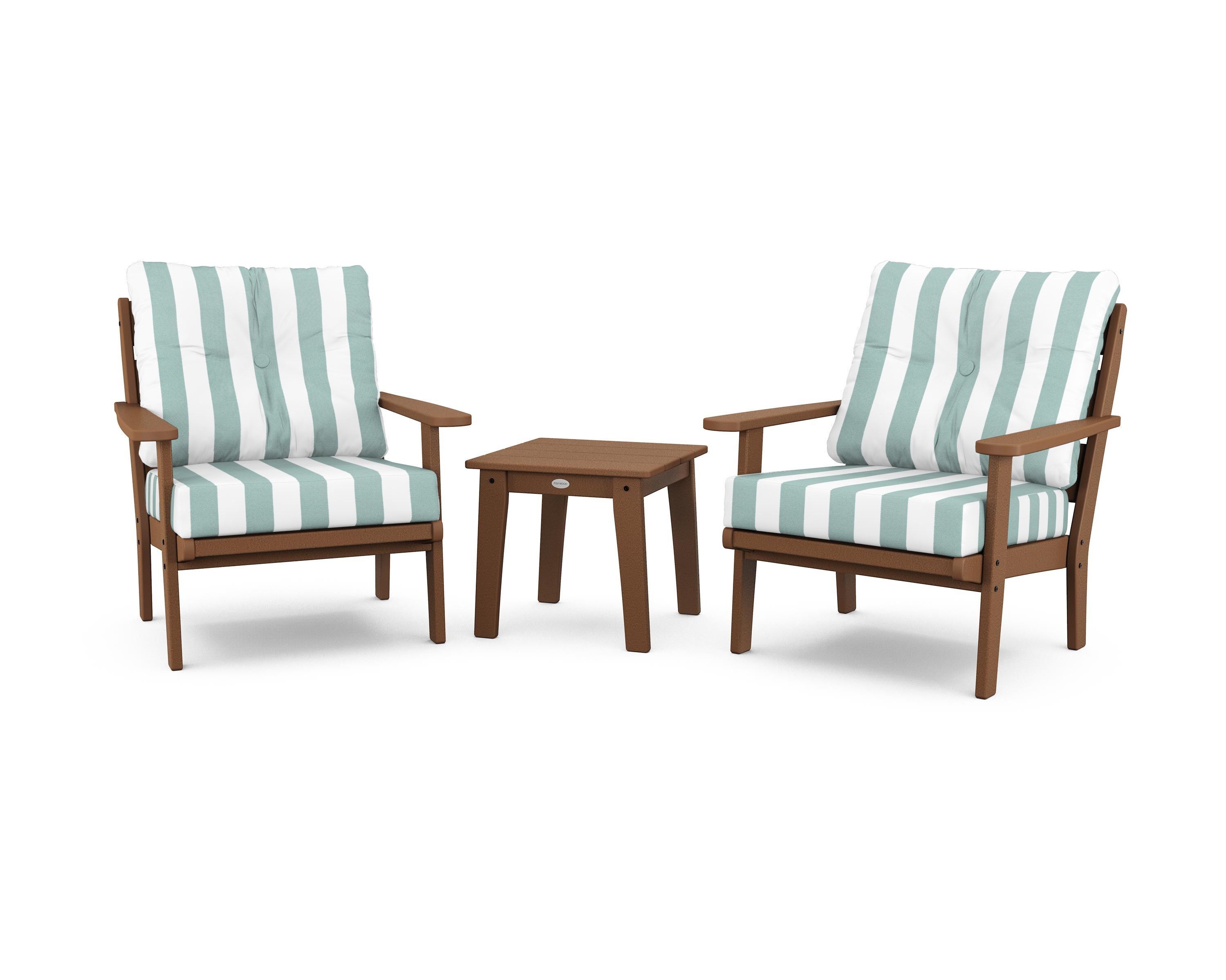 POLYWOOD® Lakeside 3-Piece Deep Seating Chair Set in Teak / Cabana Stripe Glacier Spa