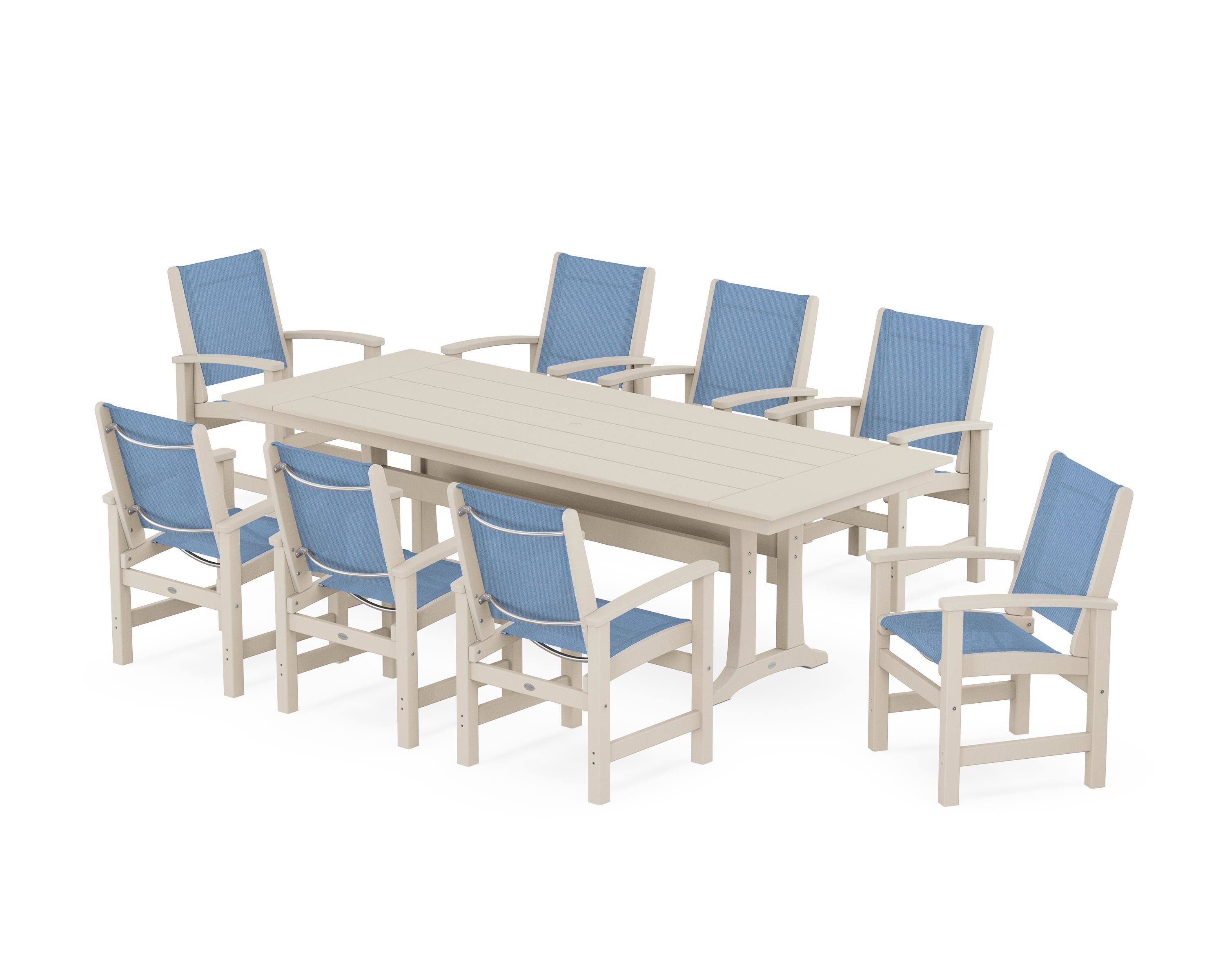POLYWOOD® Coastal 9-Piece Farmhouse Dining Set with Trestle Legs in Sand / Poolside Sling