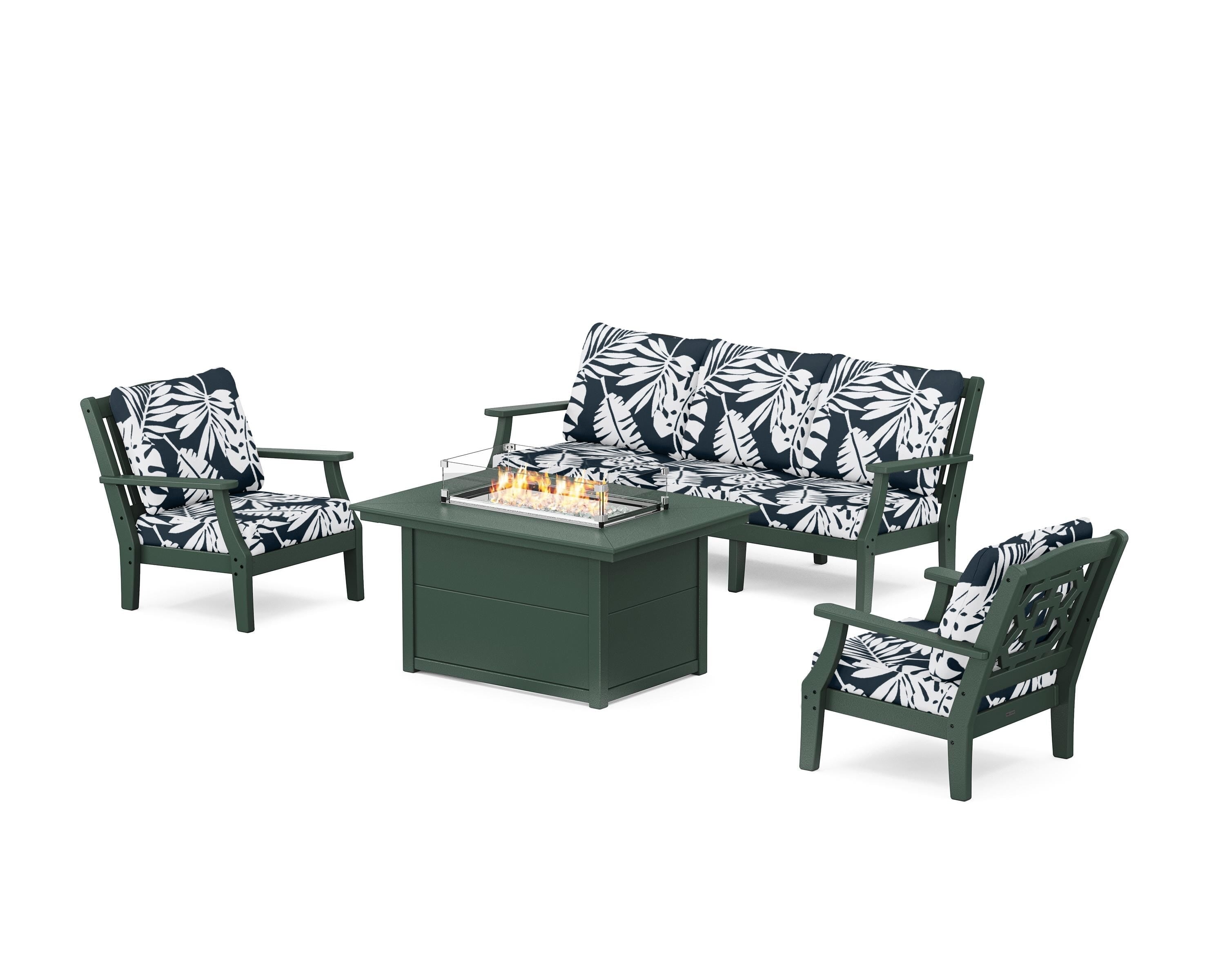 Martha Stewart by POLYWOOD® Chinoiserie Deep Seating Fire Pit Table Set in Green / Leaf Marine Indigo
