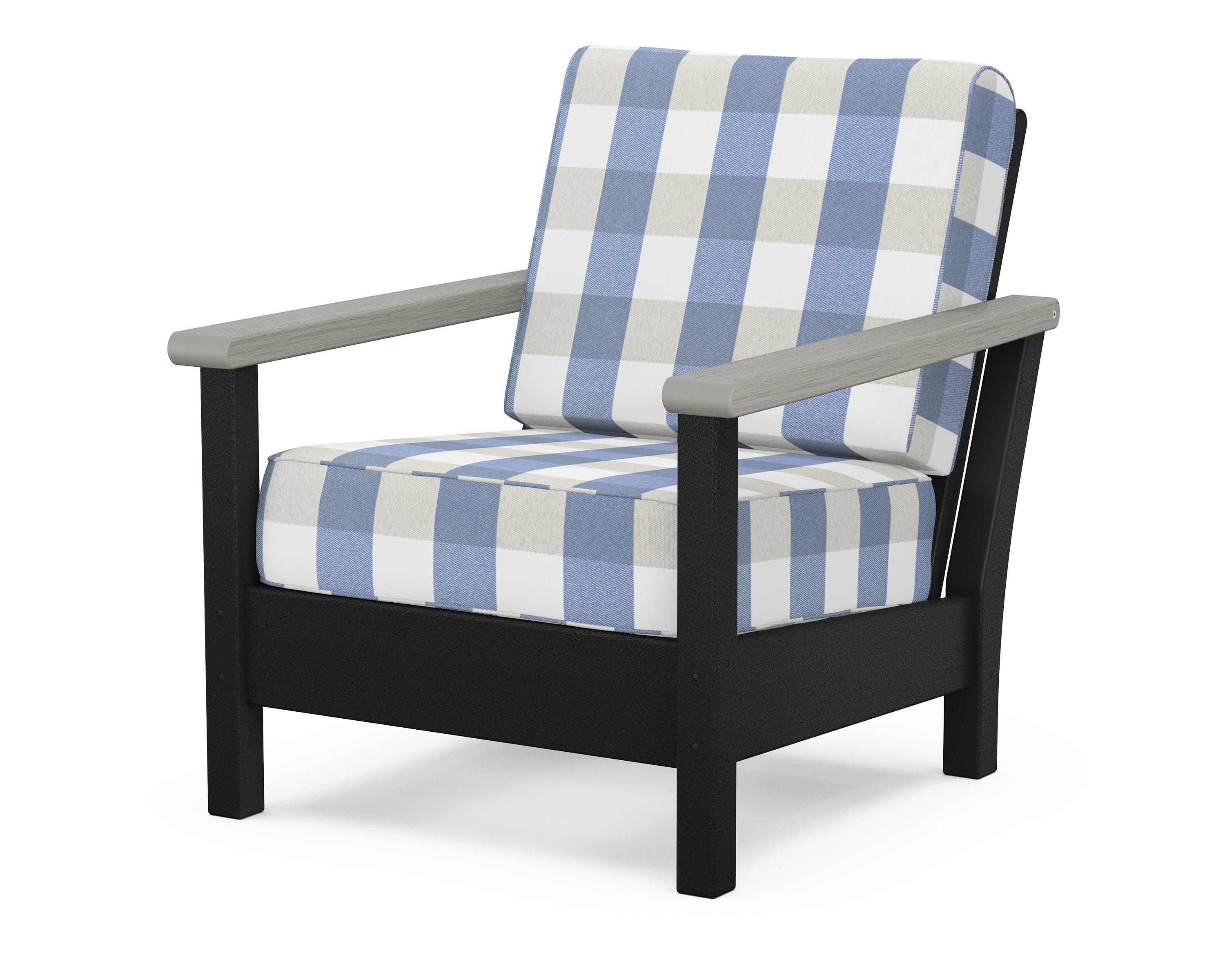POLYWOOD® Harbour Deep Seating Chair in Black / Driftwood / Buffalo Plaid Sky Blue