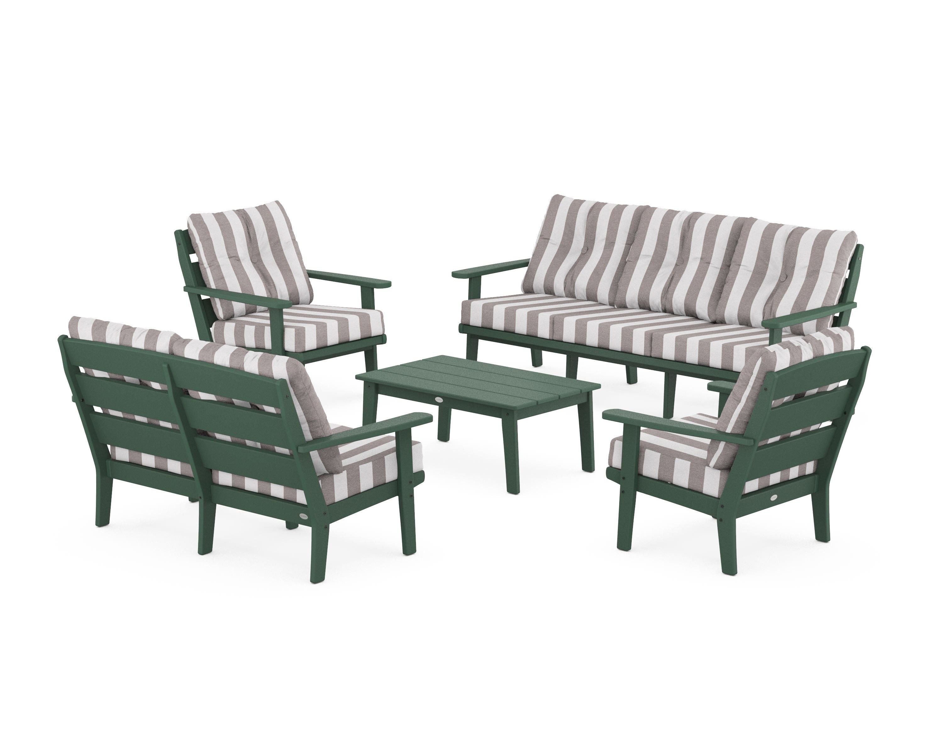 POLYWOOD® Lakeside 5-Piece Lounge Sofa Set in Green / Cabana Stripe Grey Mist