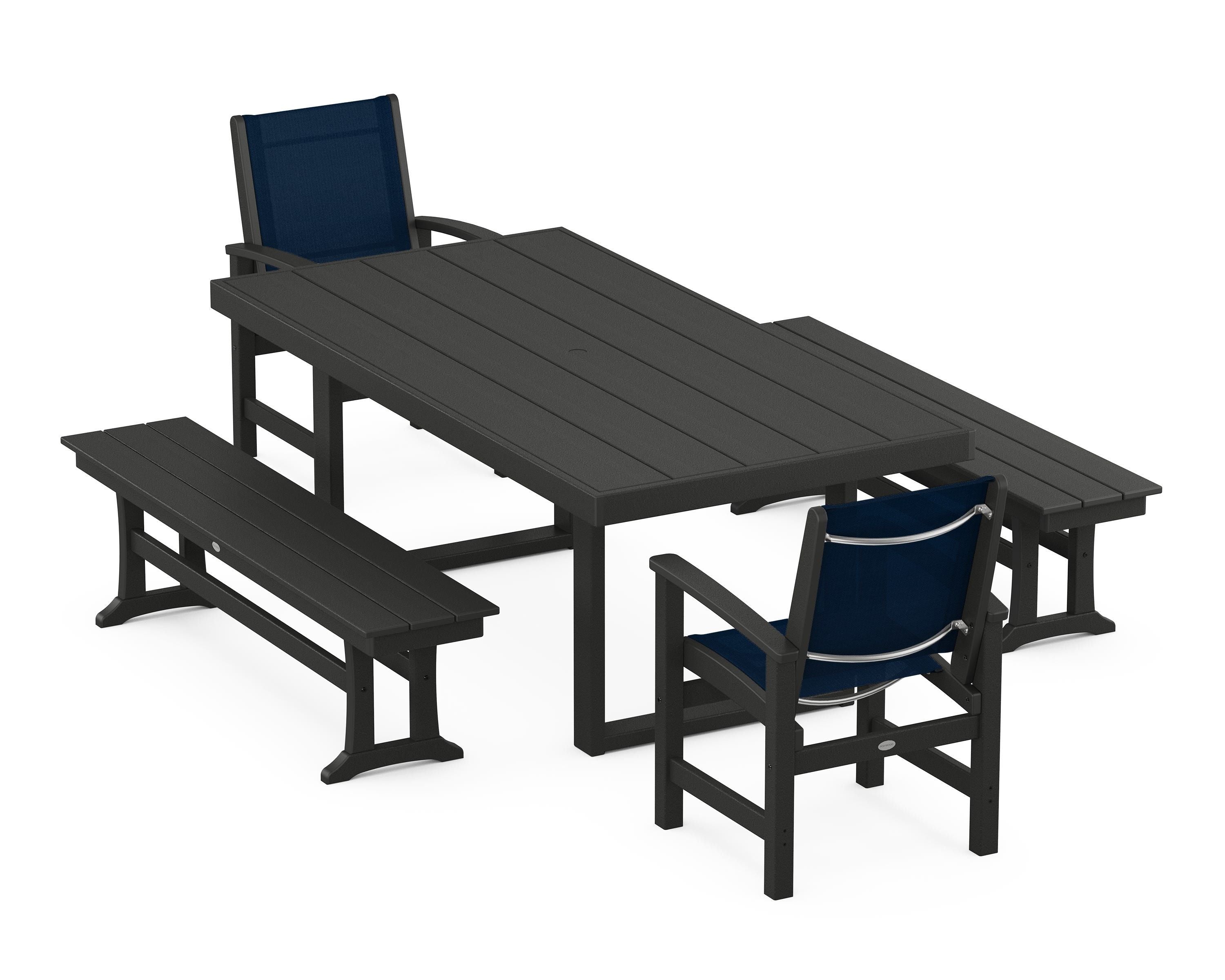 POLYWOOD® Coastal 5-Piece Dining Set with Trestle Legs in Black / Navy Blue Sling