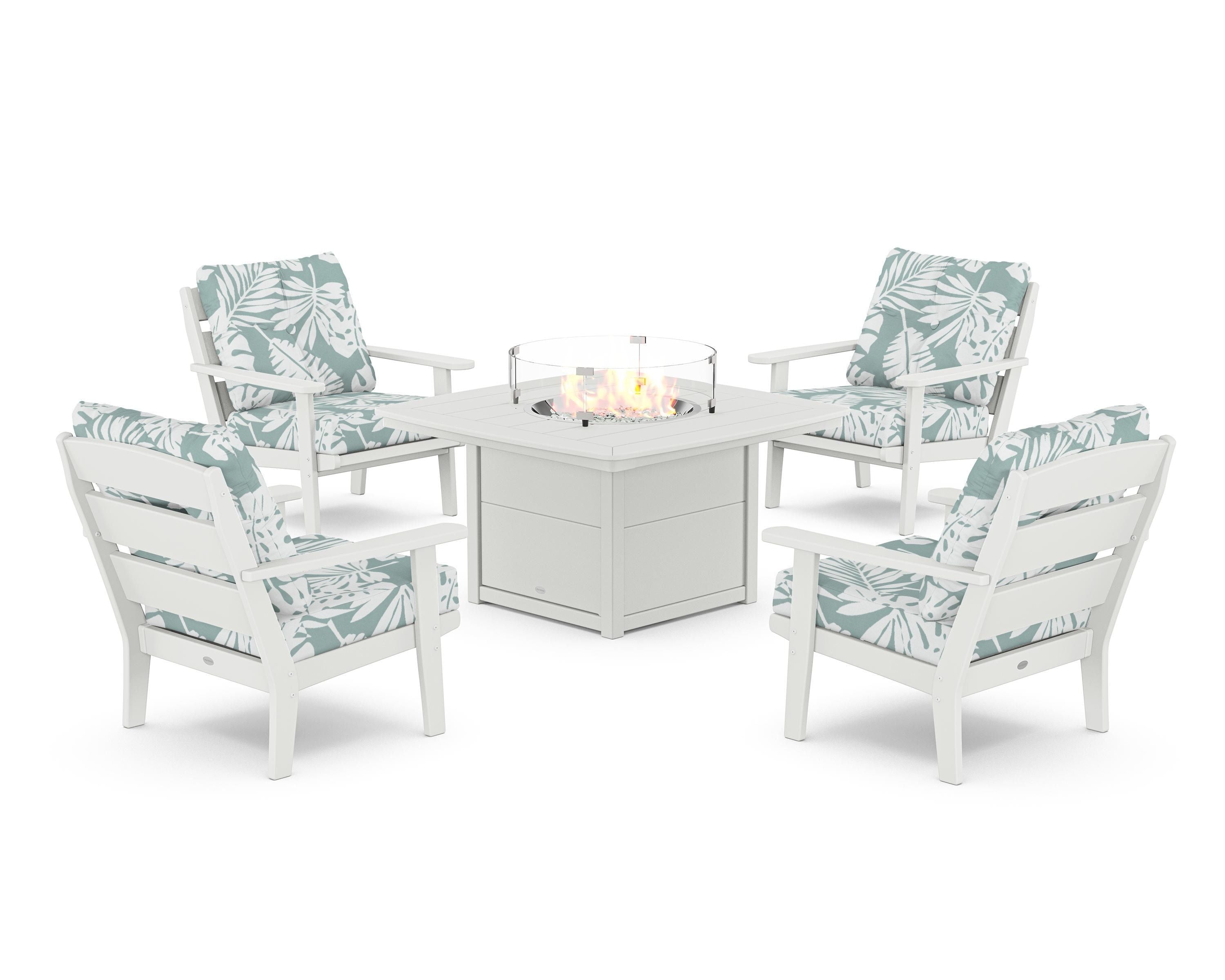 POLYWOOD® Lakeside 5-Piece Deep Seating Set with Nautical Fire Pit Table in White / Leaf Glacier Spa