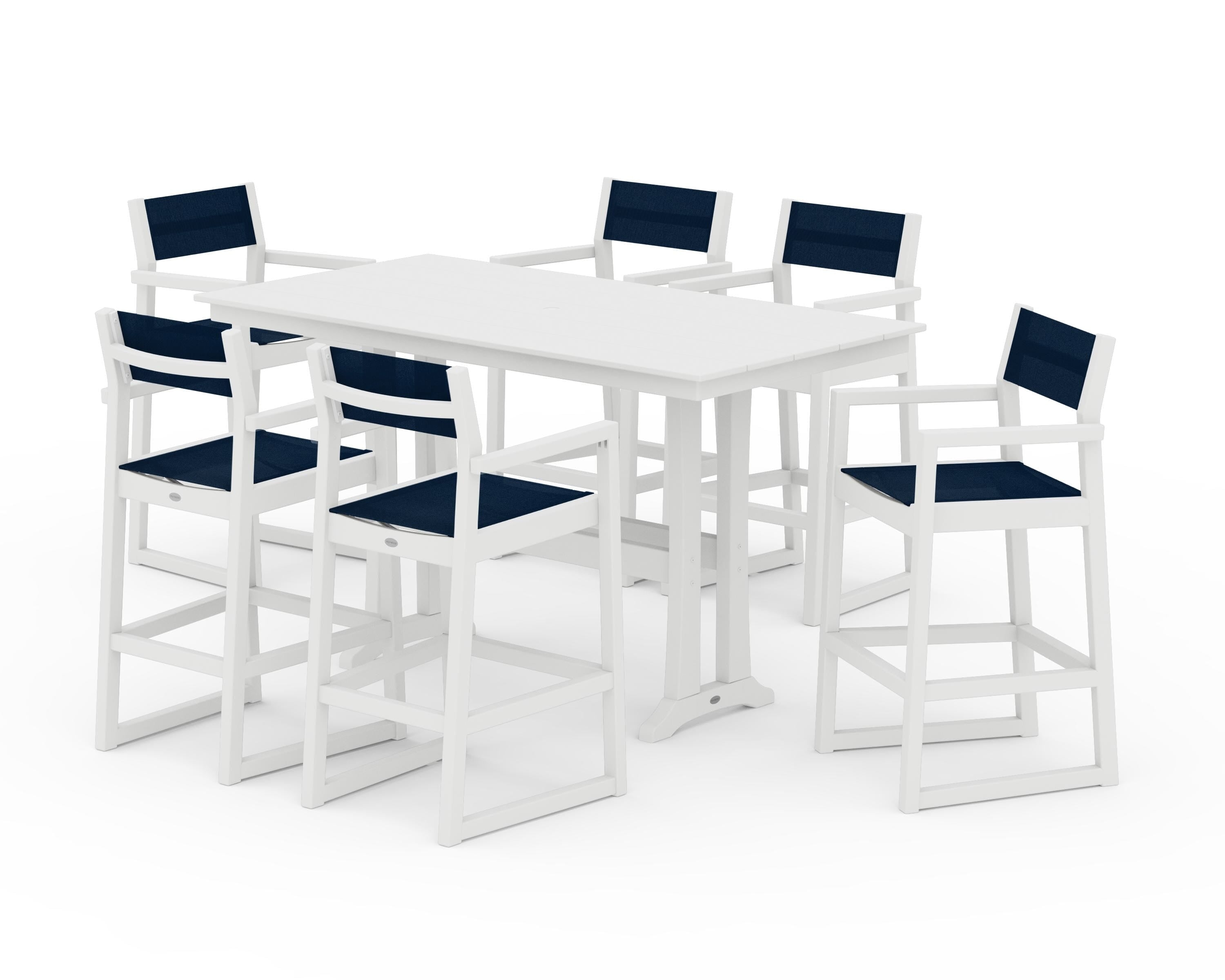 POLYWOOD® EDGE Sling Arm Chair 7-Piece Farmhouse Bar Set with Trestle Legs in White / Navy Blue Sling