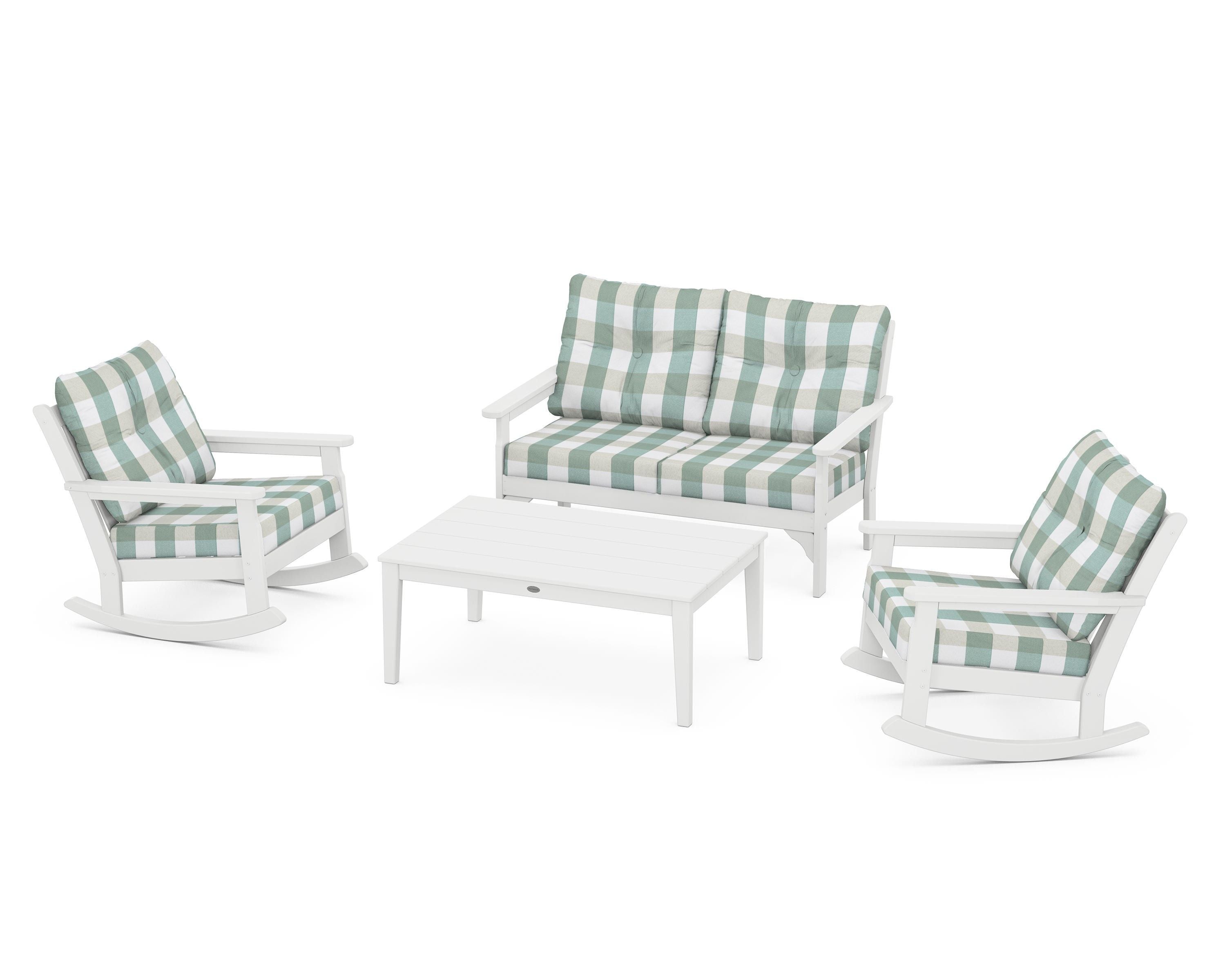 POLYWOOD® Vineyard 4-Piece Deep Seating Rocking Chair Set in White / Buffalo Plaid Glacier Spa