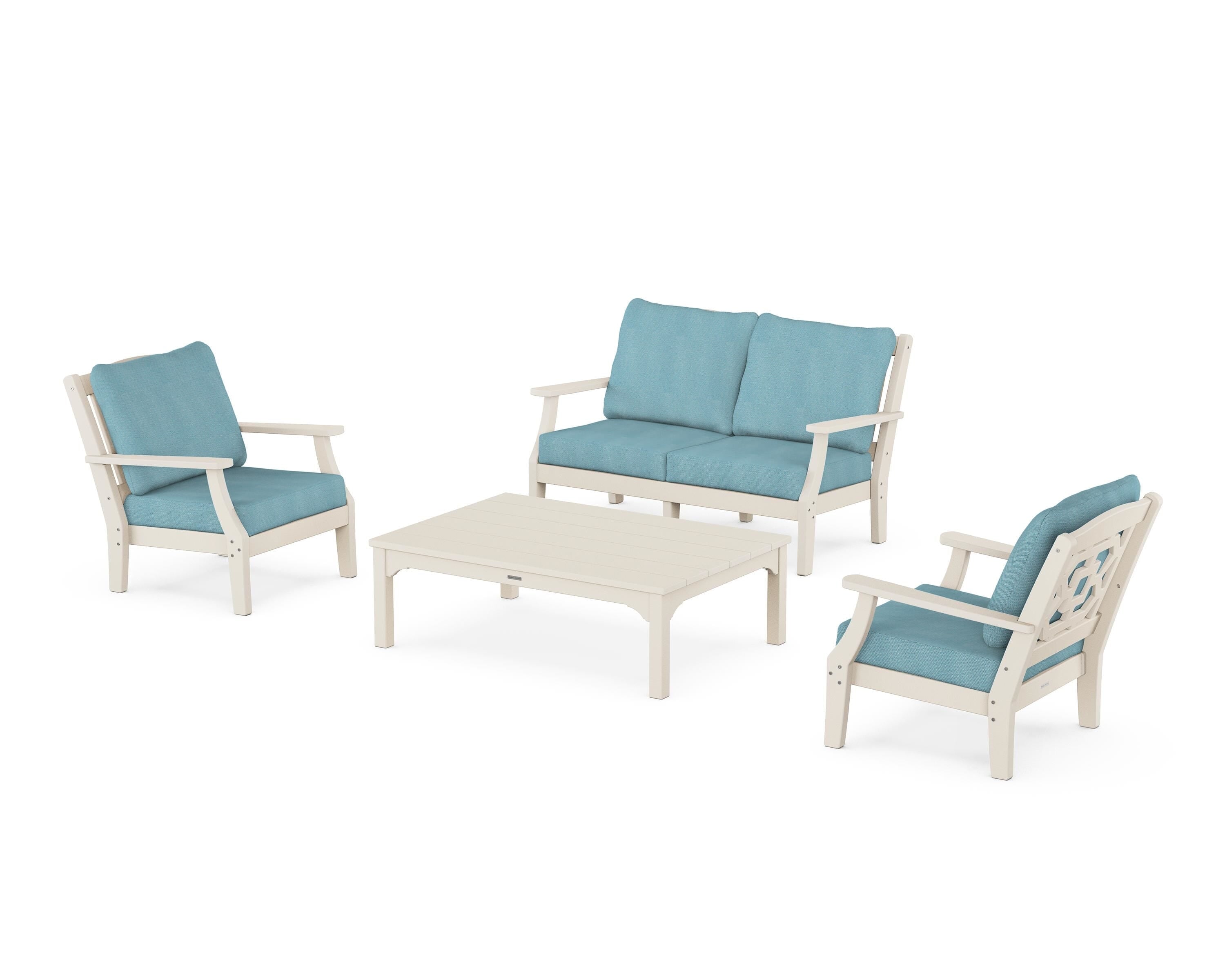 Martha Stewart by POLYWOOD® Chinoiserie 4-Piece Deep Seating Set with Loveseat in Sand / Lattice Sky Blue