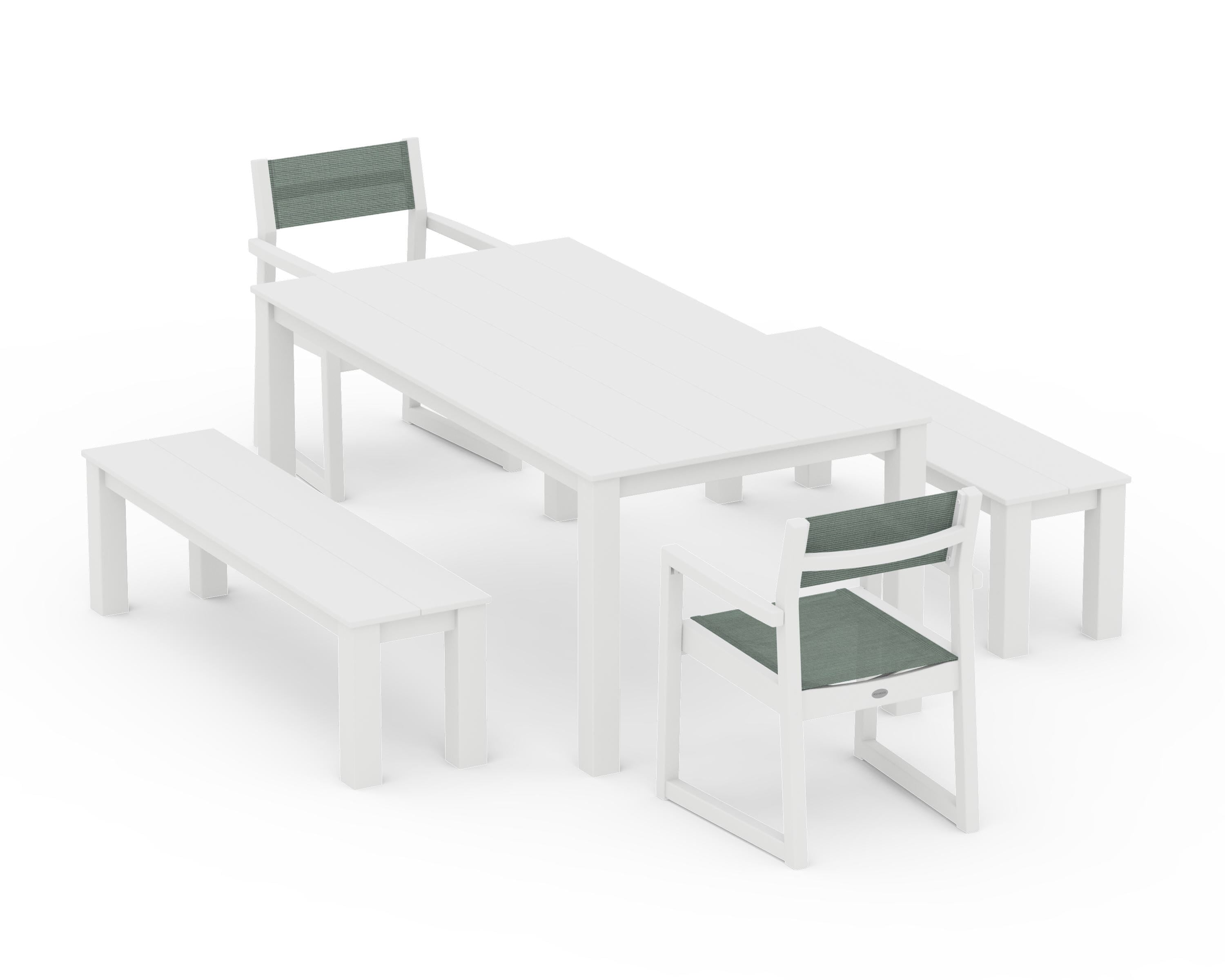 POLYWOOD® EDGE Sling Arm Chair 5-Piece Parsons Dining Set with Benches in White / Dupioni Sea Mist Sling