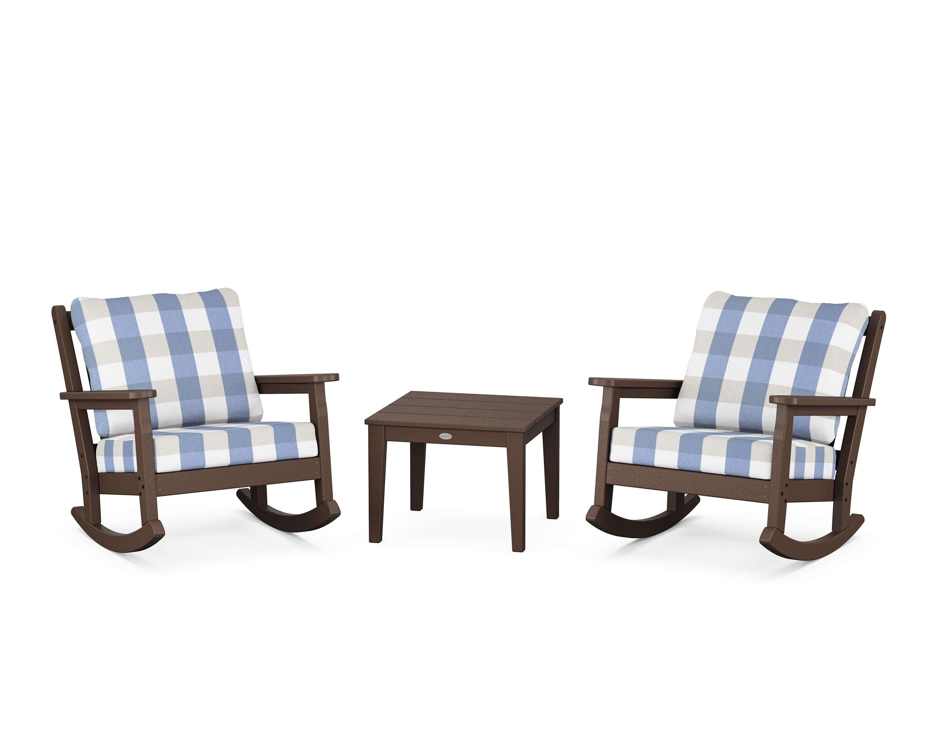 POLYWOOD® Chippendale 3-Piece Deep Seating Rocker Set in Mahogany / Buffalo Plaid Sky Blue