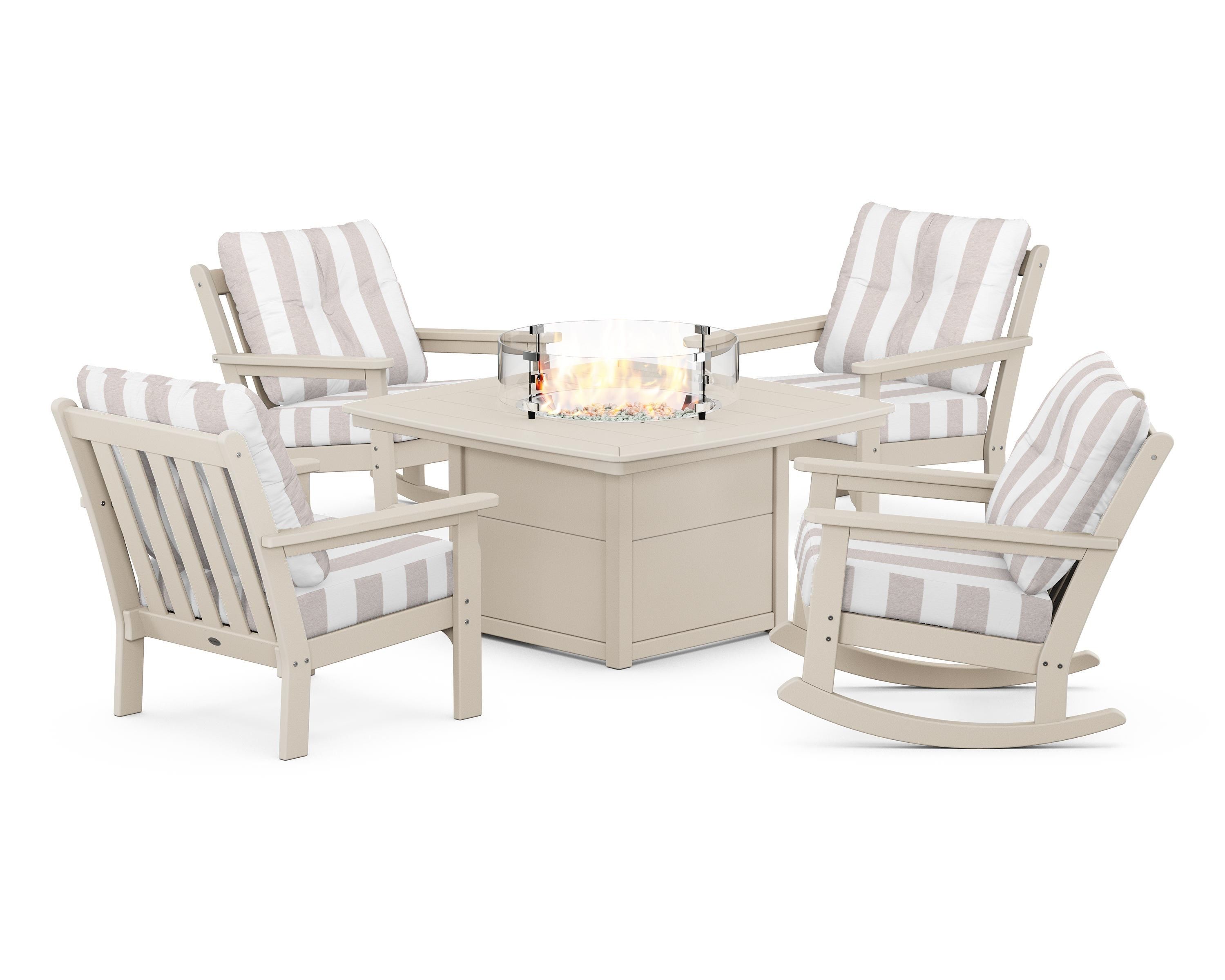 POLYWOOD® Vineyard 5-Piece Deep Seating Rocking Chair Conversation Set with Fire Pit Table in Sand / Cabana Stripe Dune Burlap