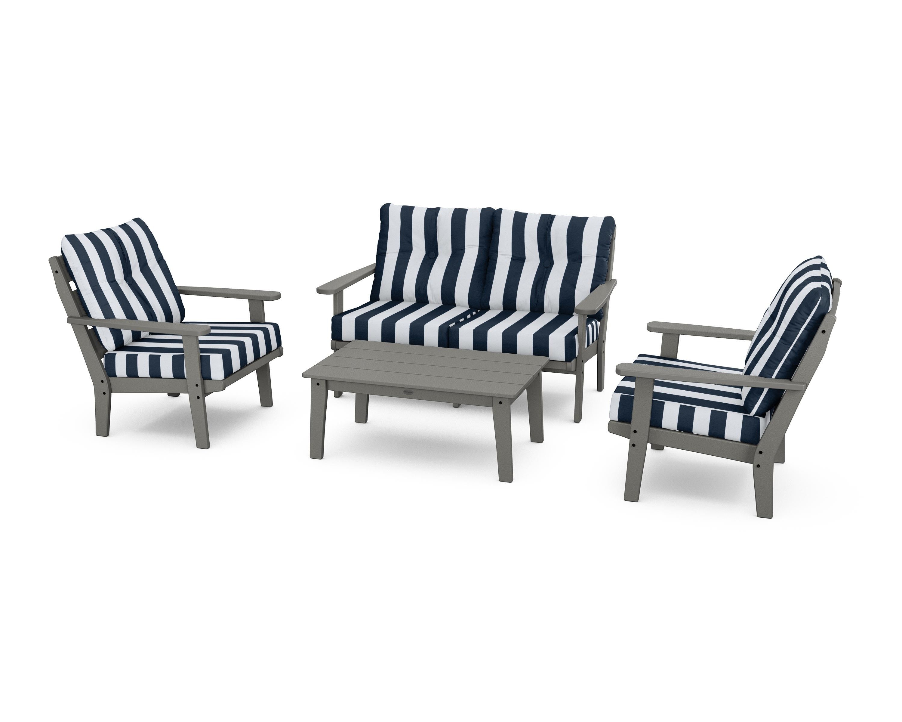 POLYWOOD® Lakeside 4-Piece Deep Seating Set in Slate Grey / Cabana Stripe Marine Indigo