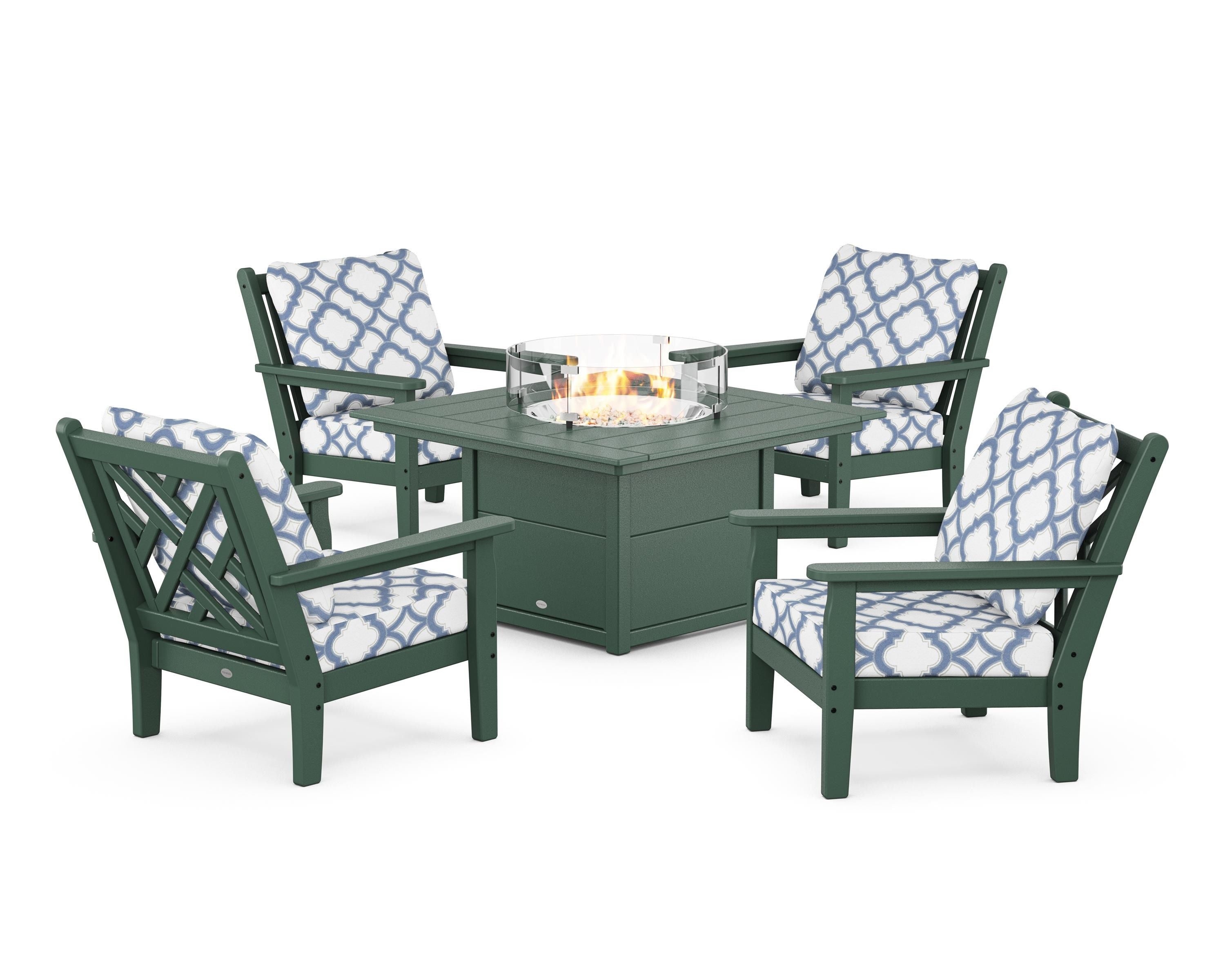 POLYWOOD® Chippendale 5-Piece Deep Seating Set with Fire Pit Table in Green / Trellis Sky Blue