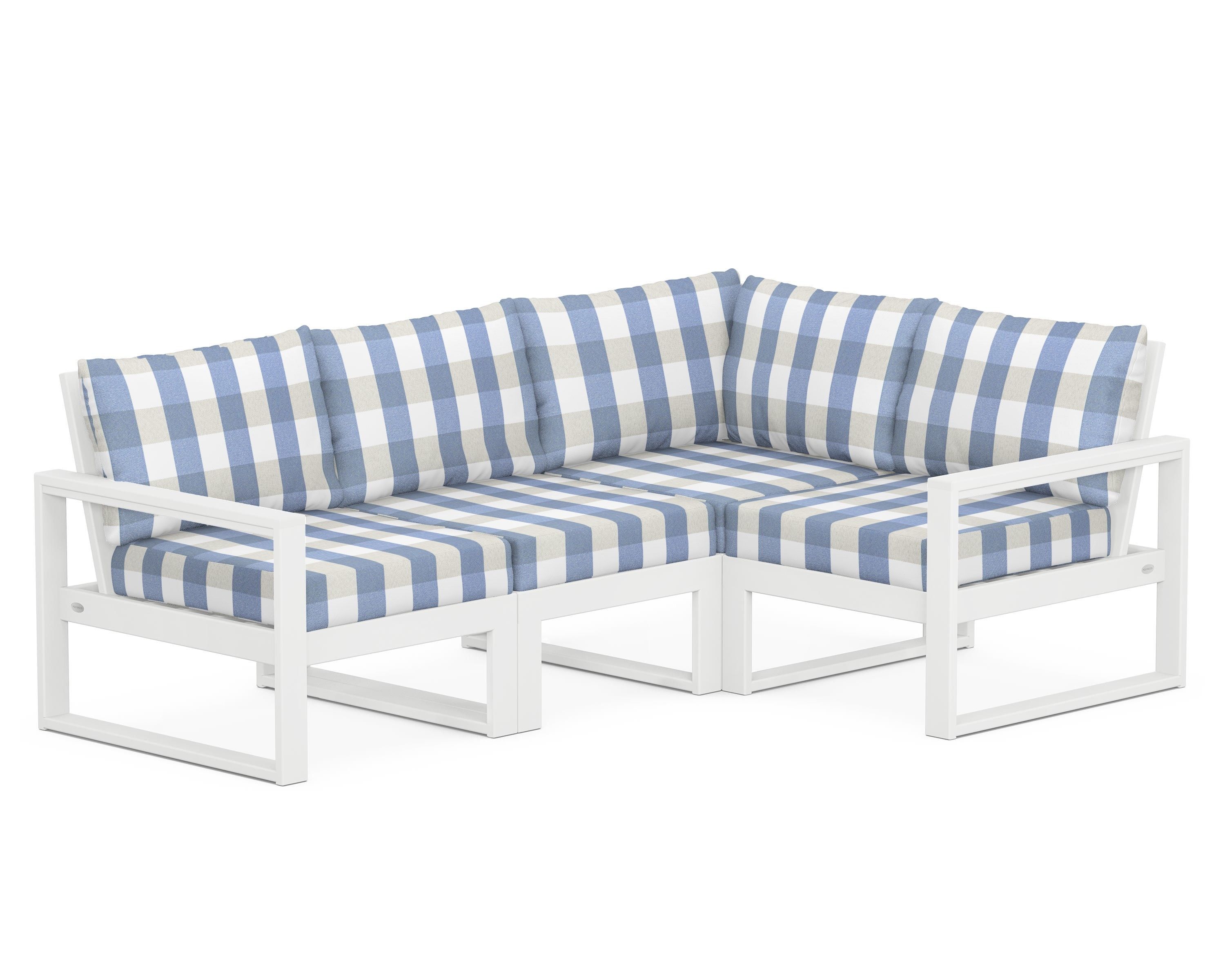 POLYWOOD® EDGE 4-Piece Modular Deep Seating Set in White / Buffalo Plaid Sky Blue
