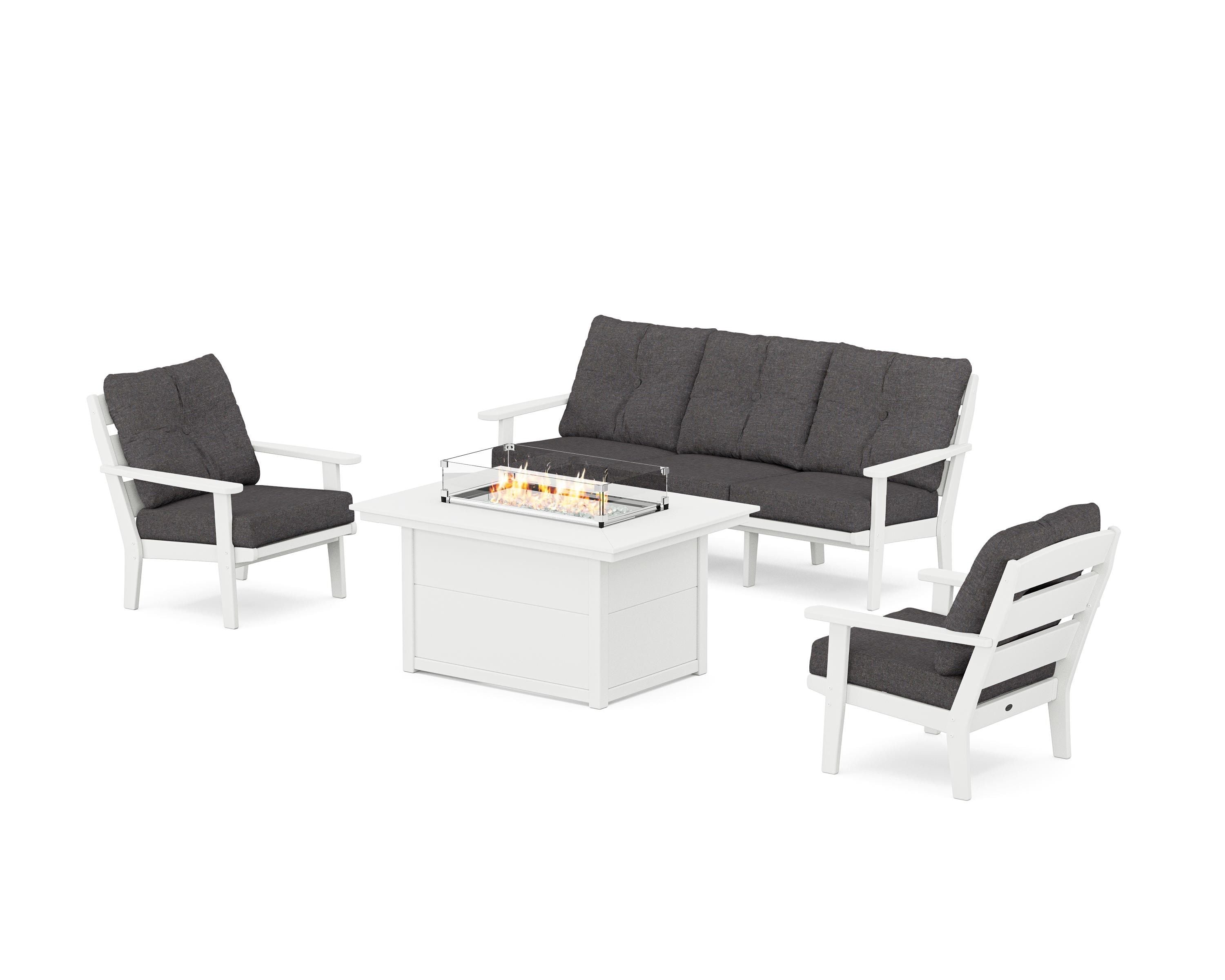 POLYWOOD® Lakeside Deep Seating Fire Pit Table Set in White / Ash Charcoal