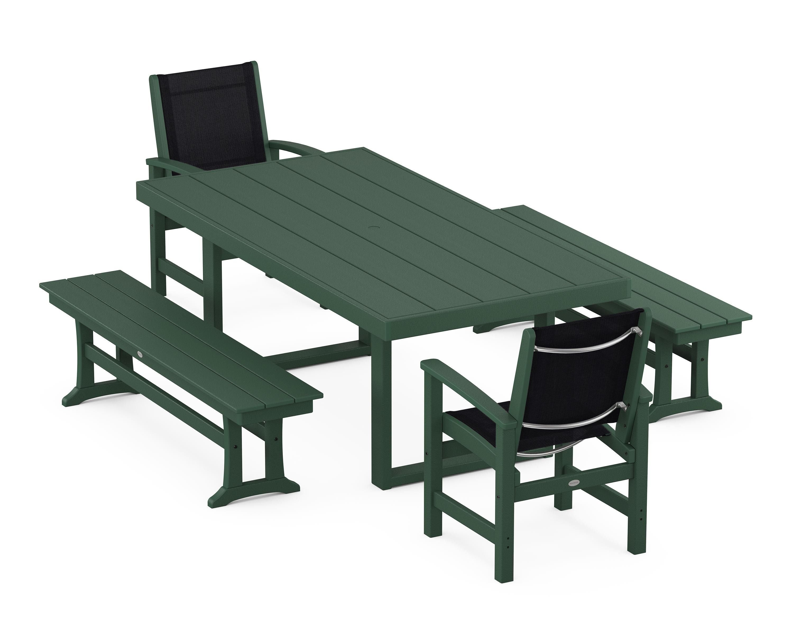 POLYWOOD® Coastal 5-Piece Dining Set with Trestle Legs in Green / Black Sling