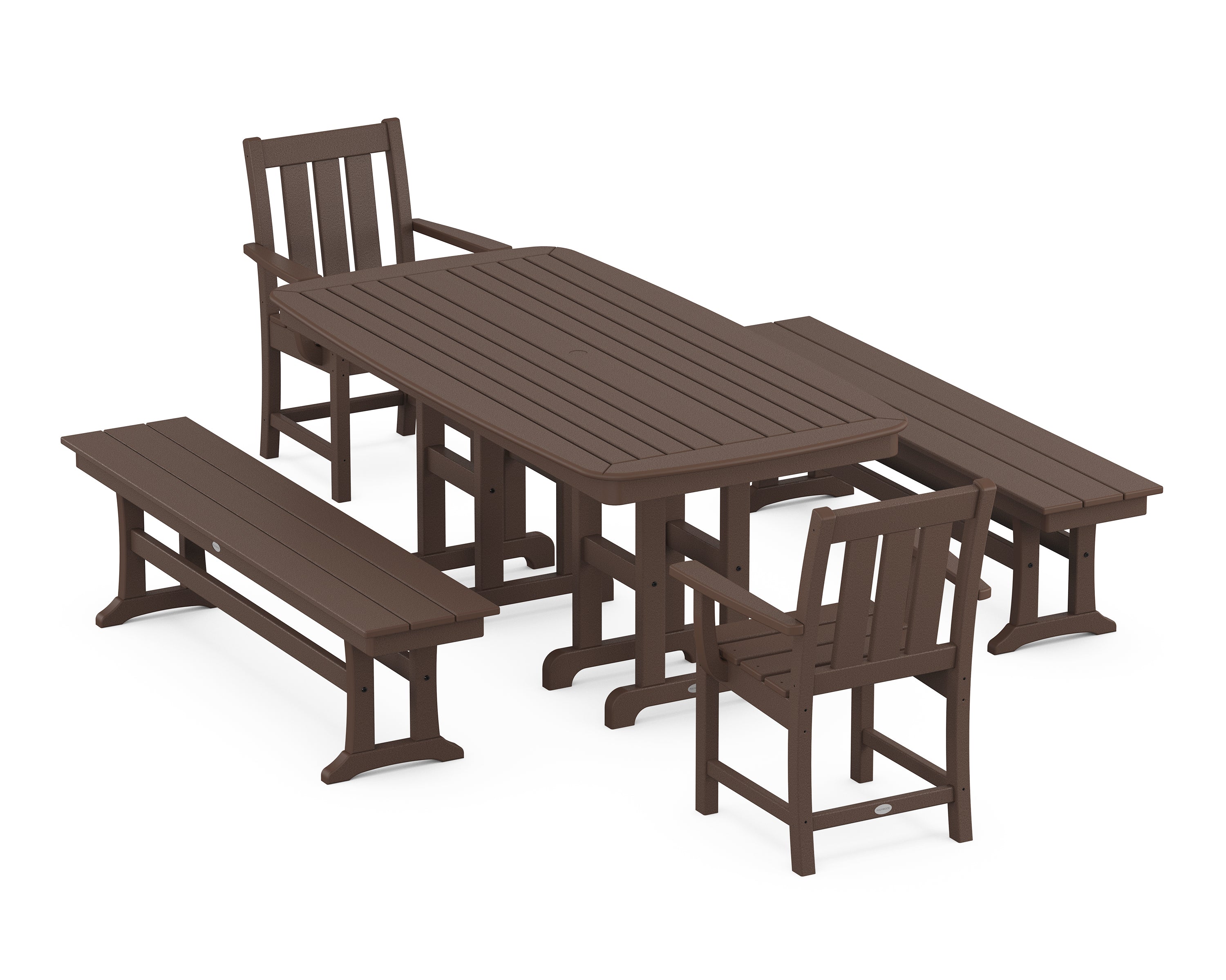 POLYWOOD® Oxford 5-Piece Dining Set with Benches in Mahogany