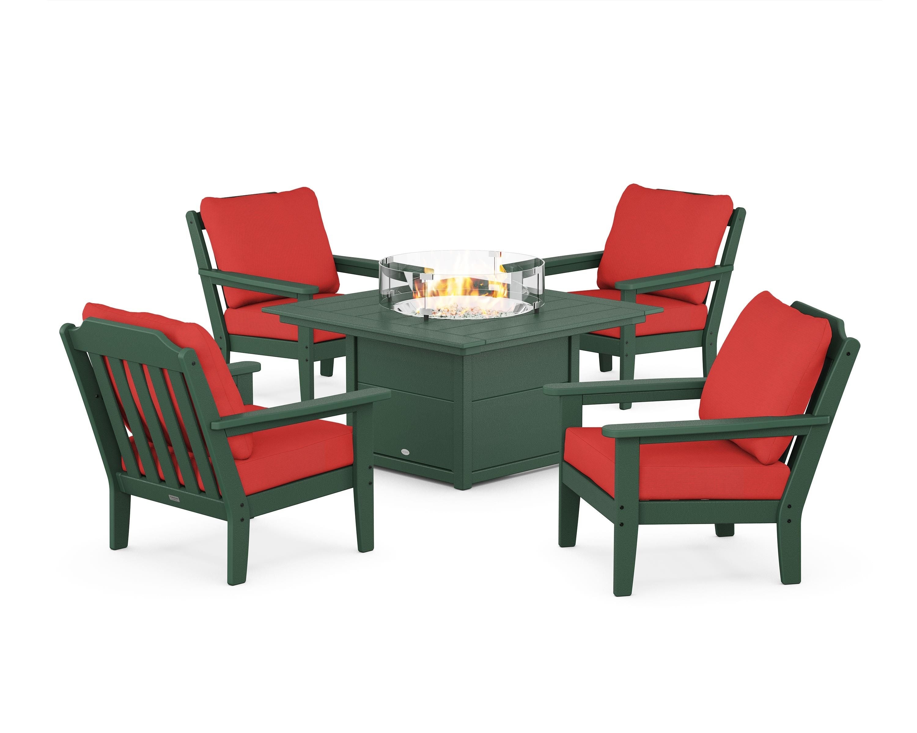 Country Living Cottage 5-Piece Deep Seating Set with Fire Pit Table in Green / Crimson Linen