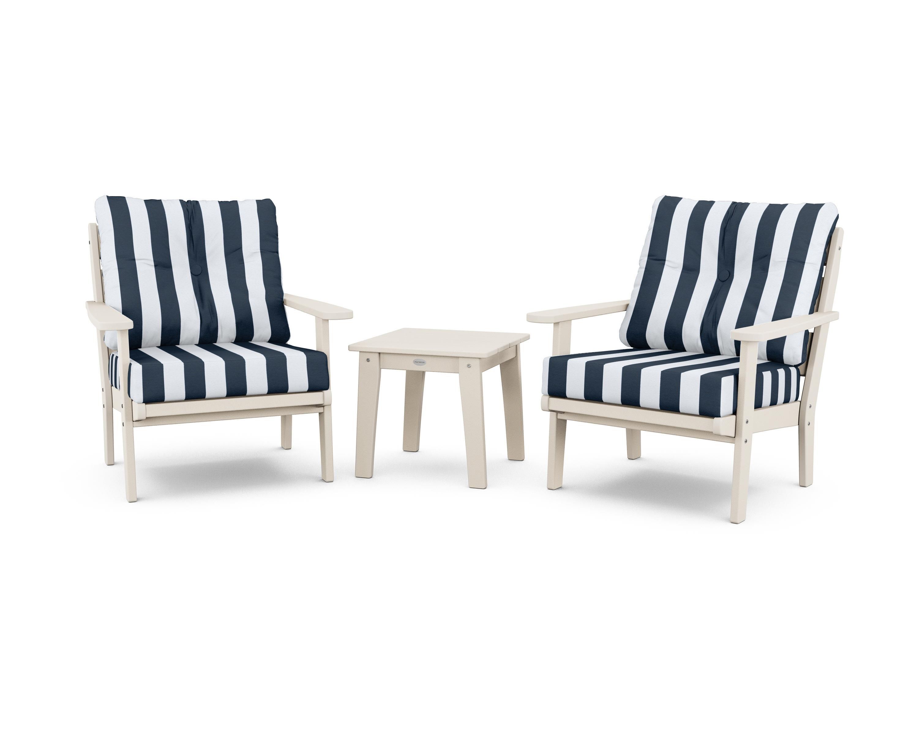 POLYWOOD® Lakeside 3-Piece Deep Seating Chair Set in Sand / Cabana Stripe Marine Indigo