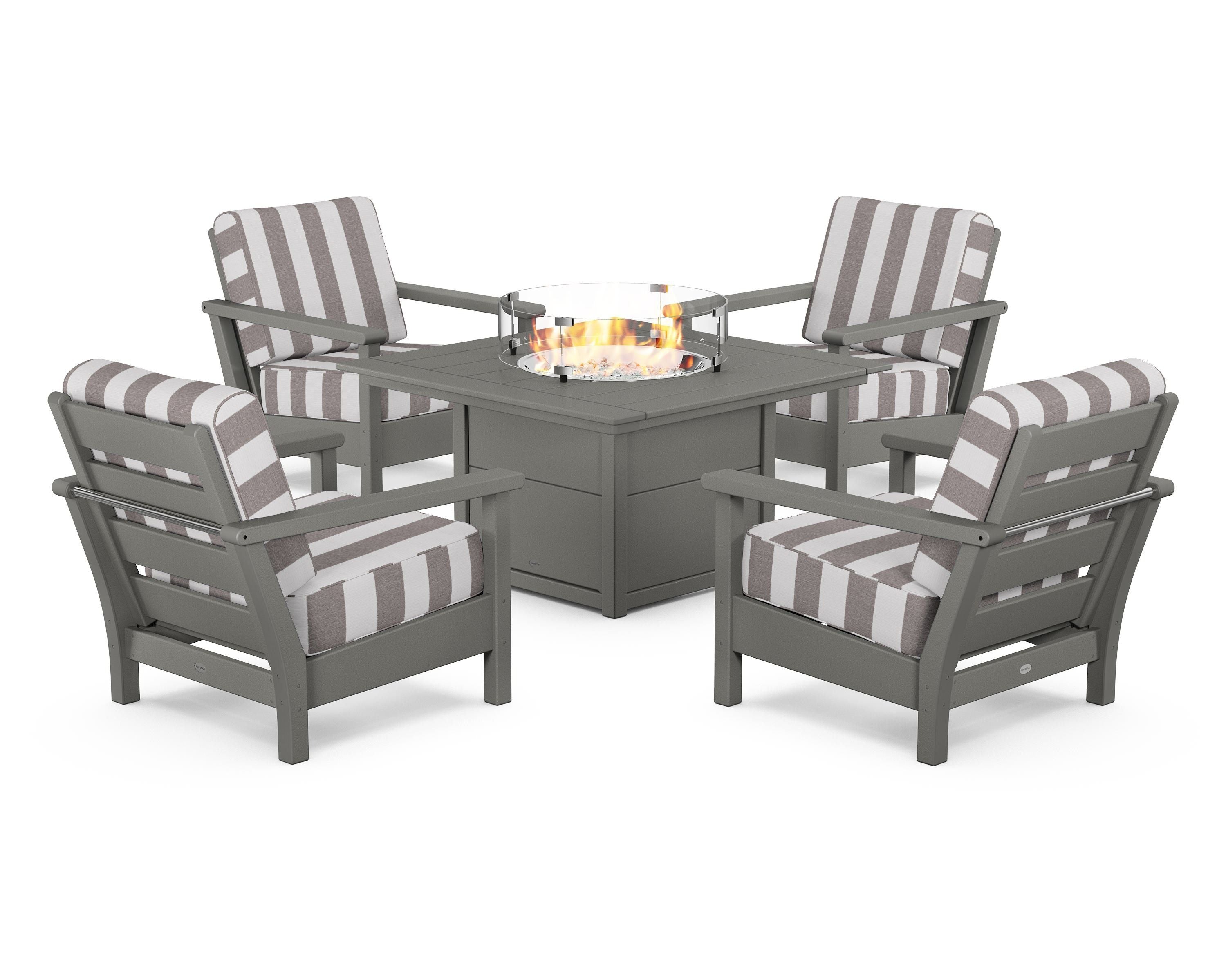POLYWOOD® Harbour 5-Piece Conversation Set with Fire Pit Table in Slate Grey / Cabana Stripe Grey Mist