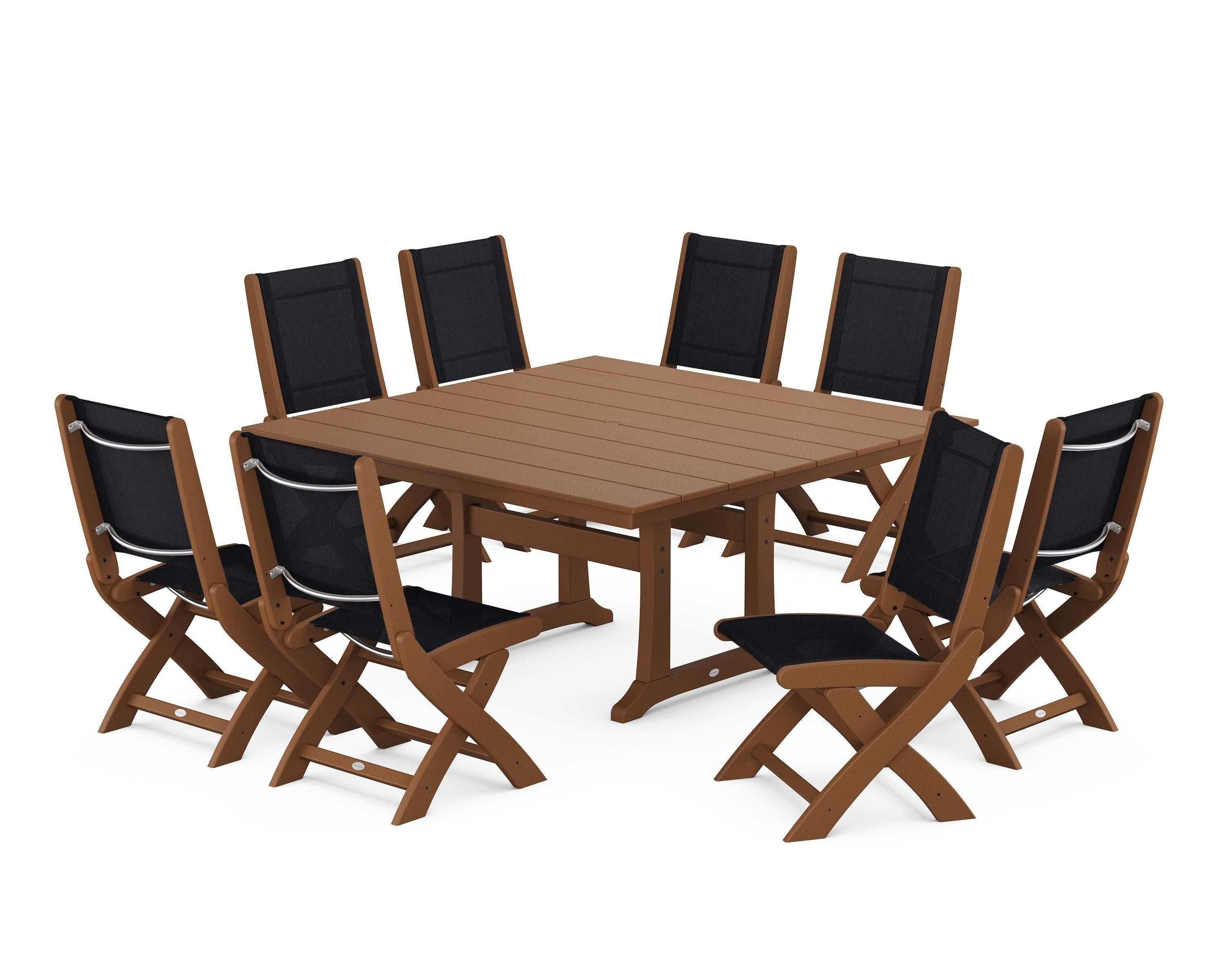 POLYWOOD® Coastal Folding Side Chair 9-Piece Farmhouse Dining Set in Teak / Black Sling