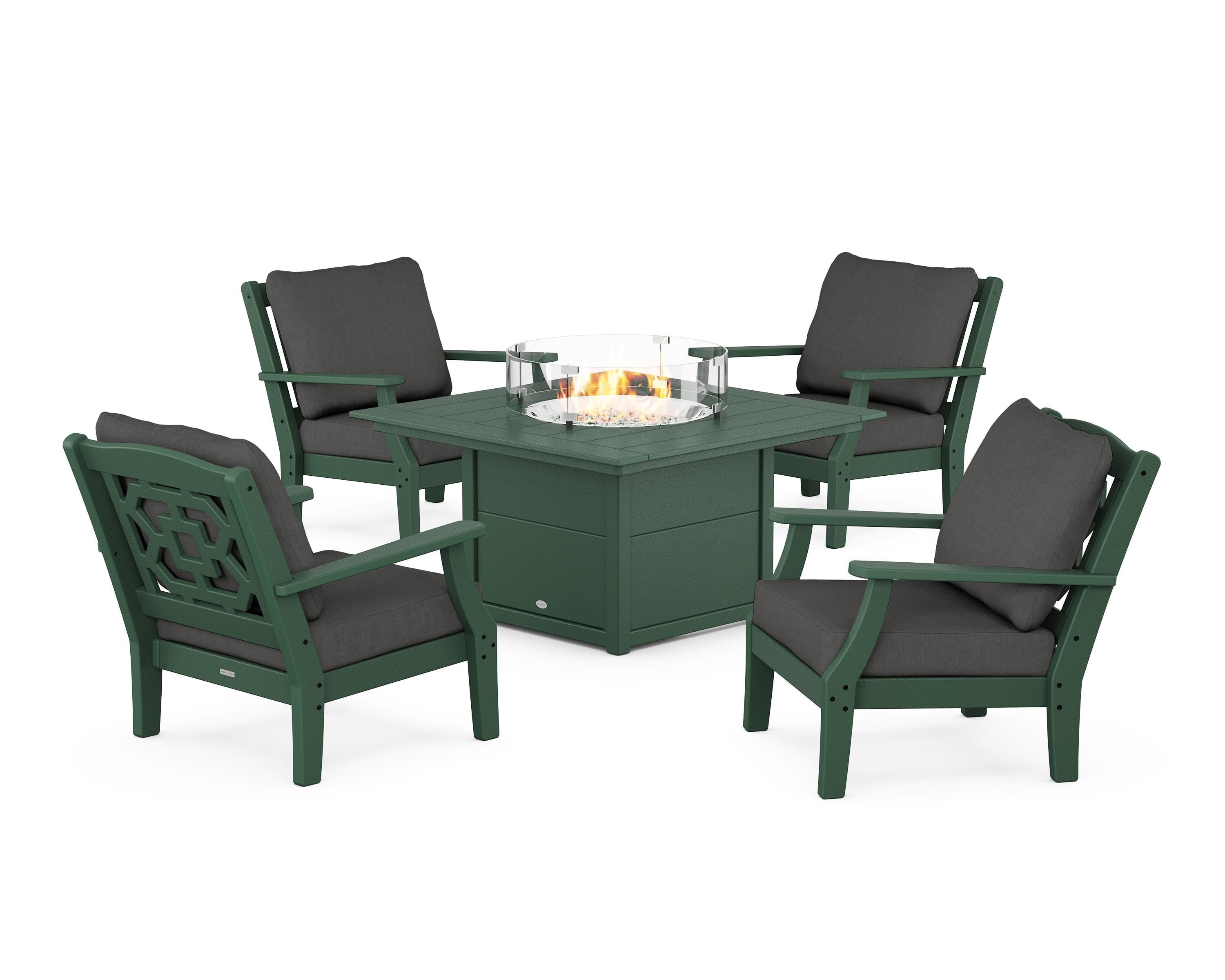 Martha Stewart by POLYWOOD® Chinoiserie 5-Piece Deep Seating Set with Fire Pit Table in Green / Spectrum Carbon