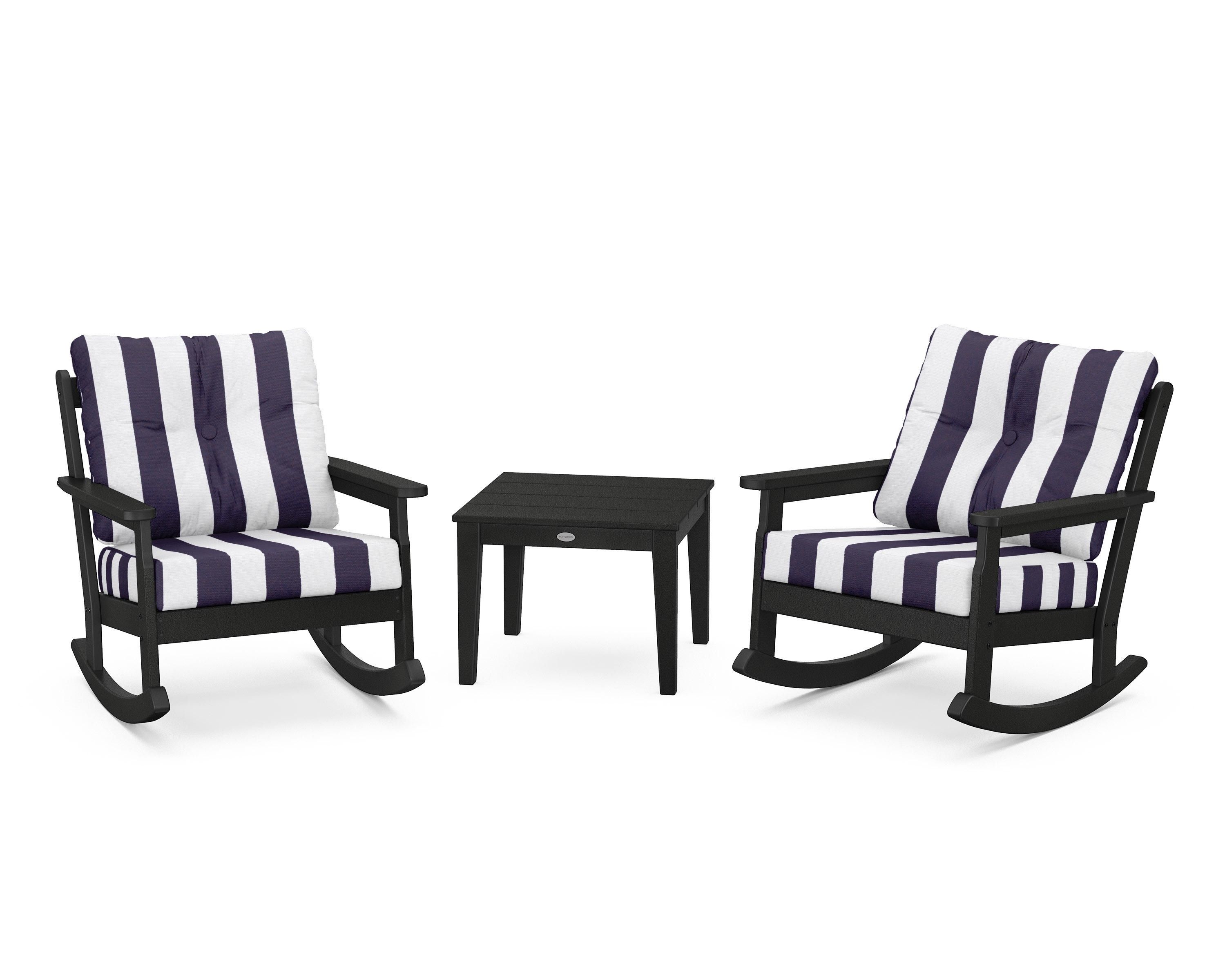 POLYWOOD® Vineyard 3-Piece Deep Seating Rocker Set in Black / Cabana Stripe Navy