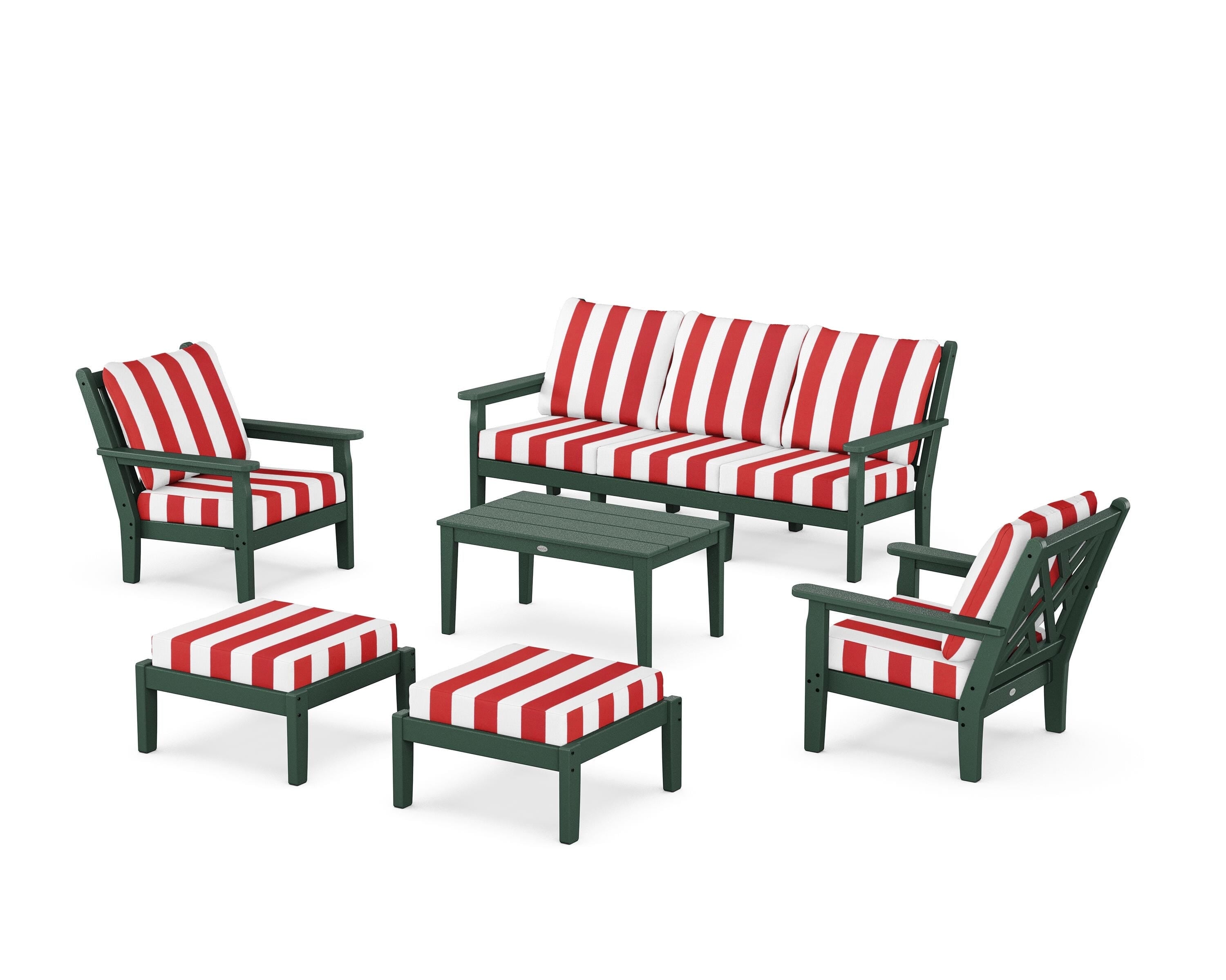 POLYWOOD® Chippendale 6-Piece Lounge Sofa Set in Green / Cabana Stripe Crimson