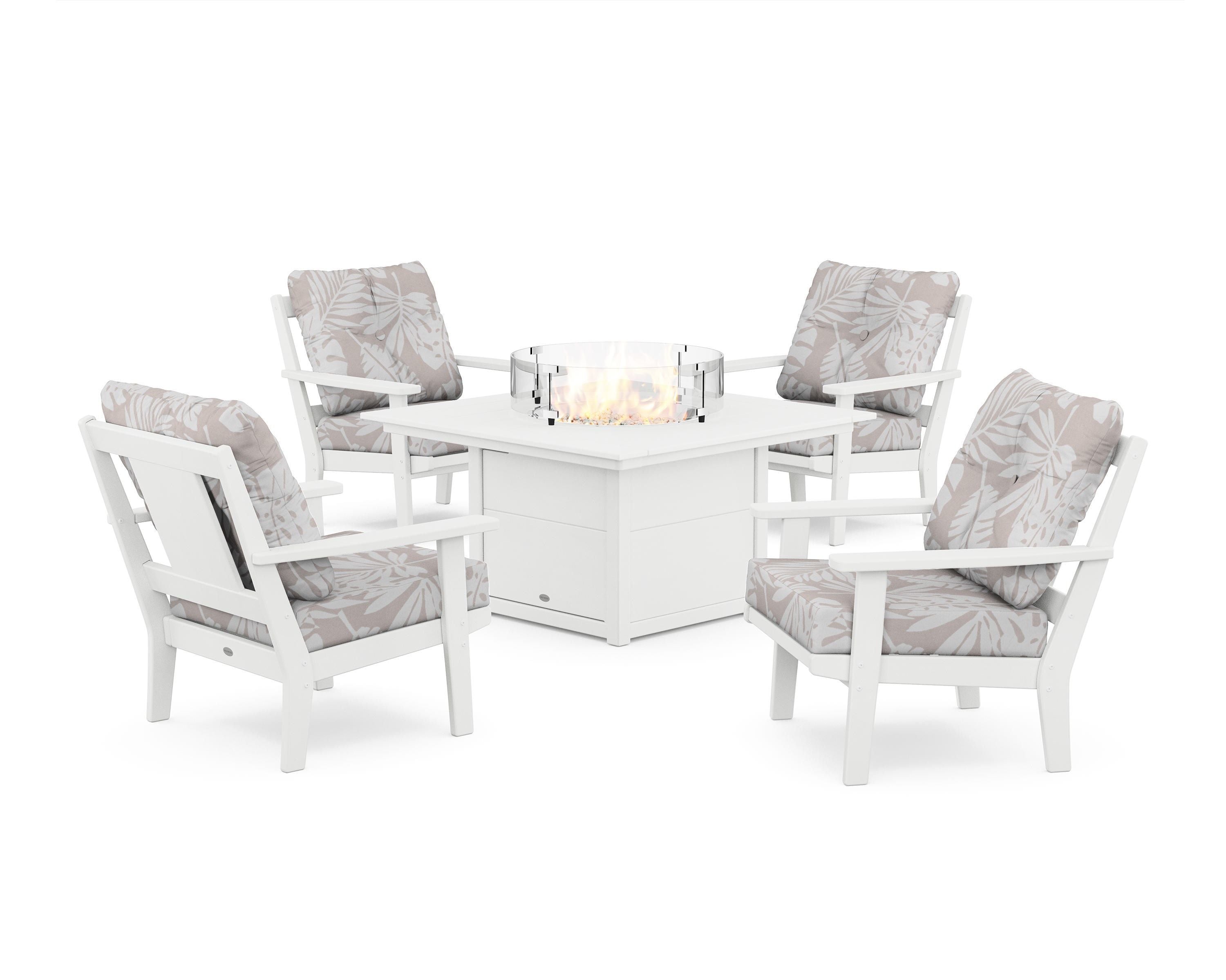 POLYWOOD® Prairie 5-Piece Deep Seating Set with Fire Pit Table in White / Leaf Dune Burlap