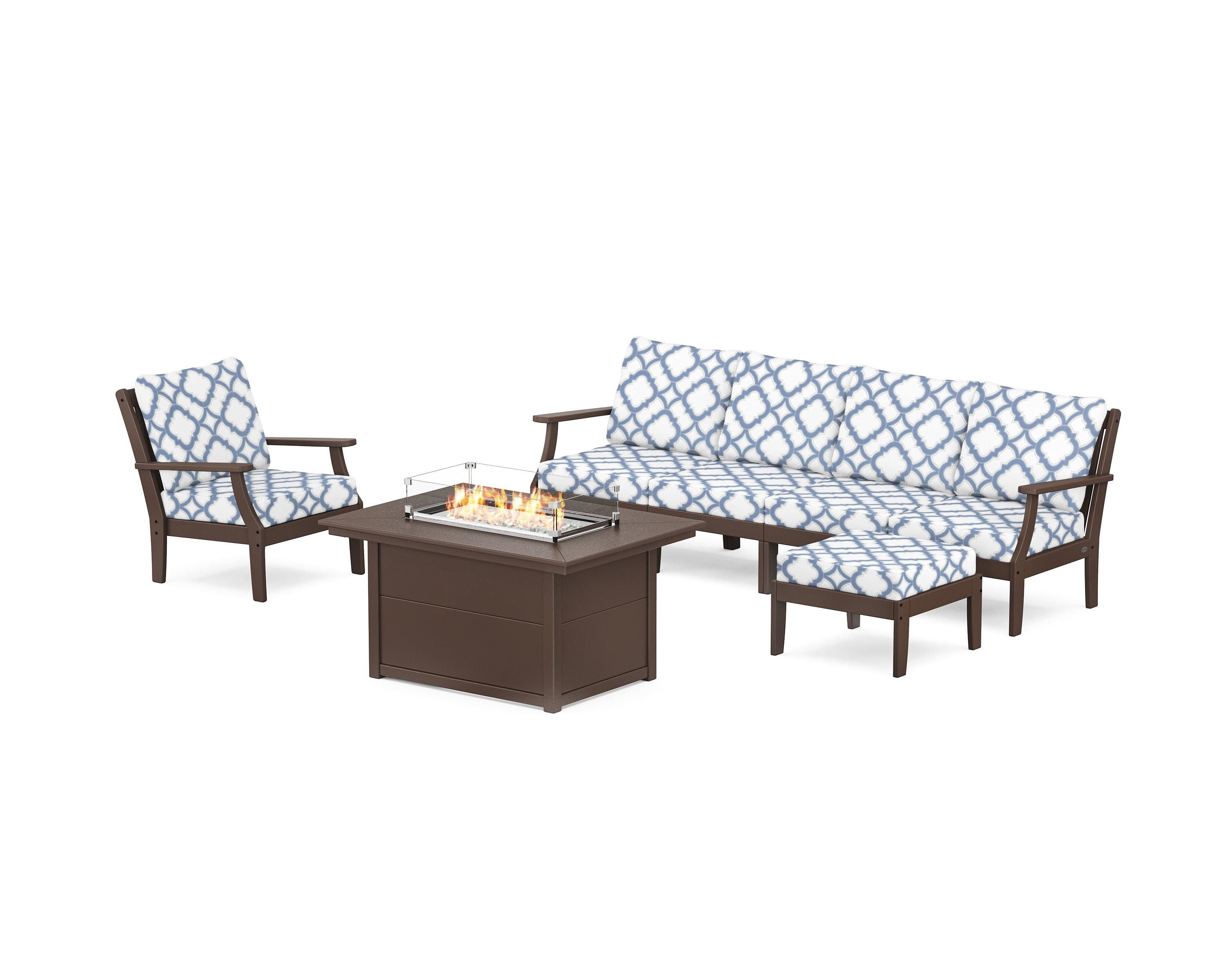 POLYWOOD® Braxton Sectional Lounge and Fire Pit Set in Mahogany / Trellis Sky Blue