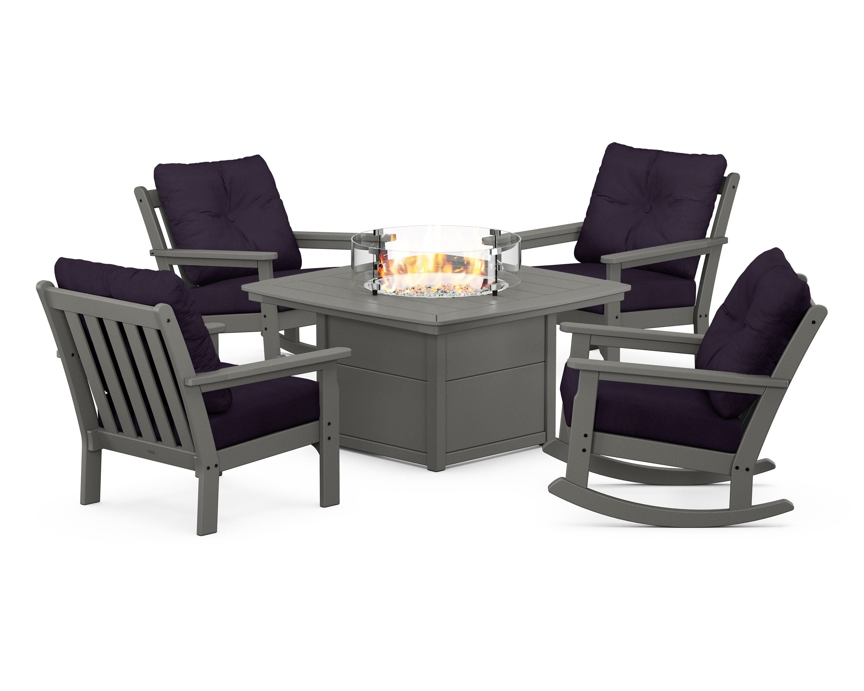 POLYWOOD® Vineyard 5-Piece Deep Seating Rocking Chair Conversation Set with Fire Pit Table in Slate Grey / Navy Linen