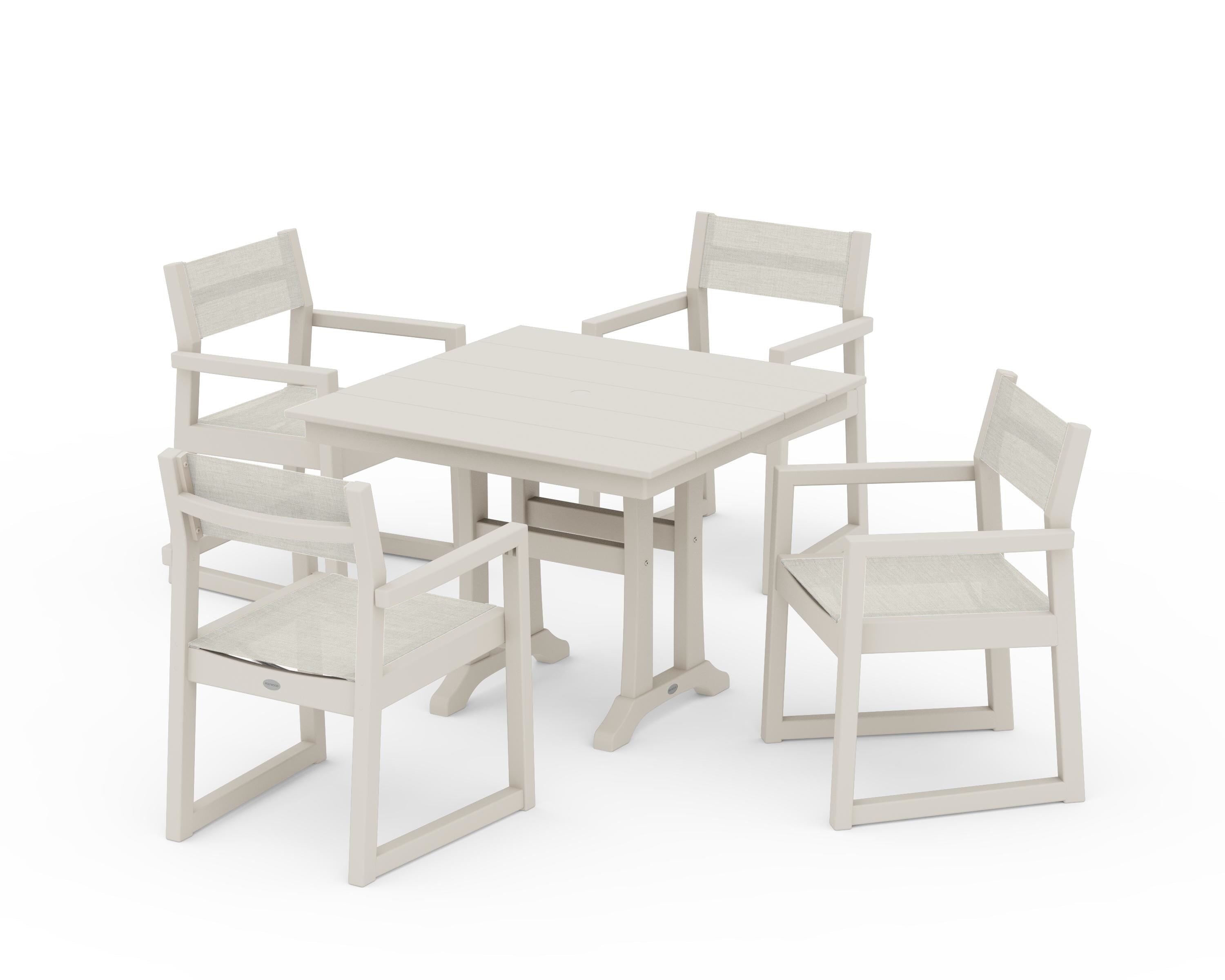 POLYWOOD® EDGE Sling 5-Piece Farmhouse Dining Set with Trestle Legs in Sand / Parchment Sling