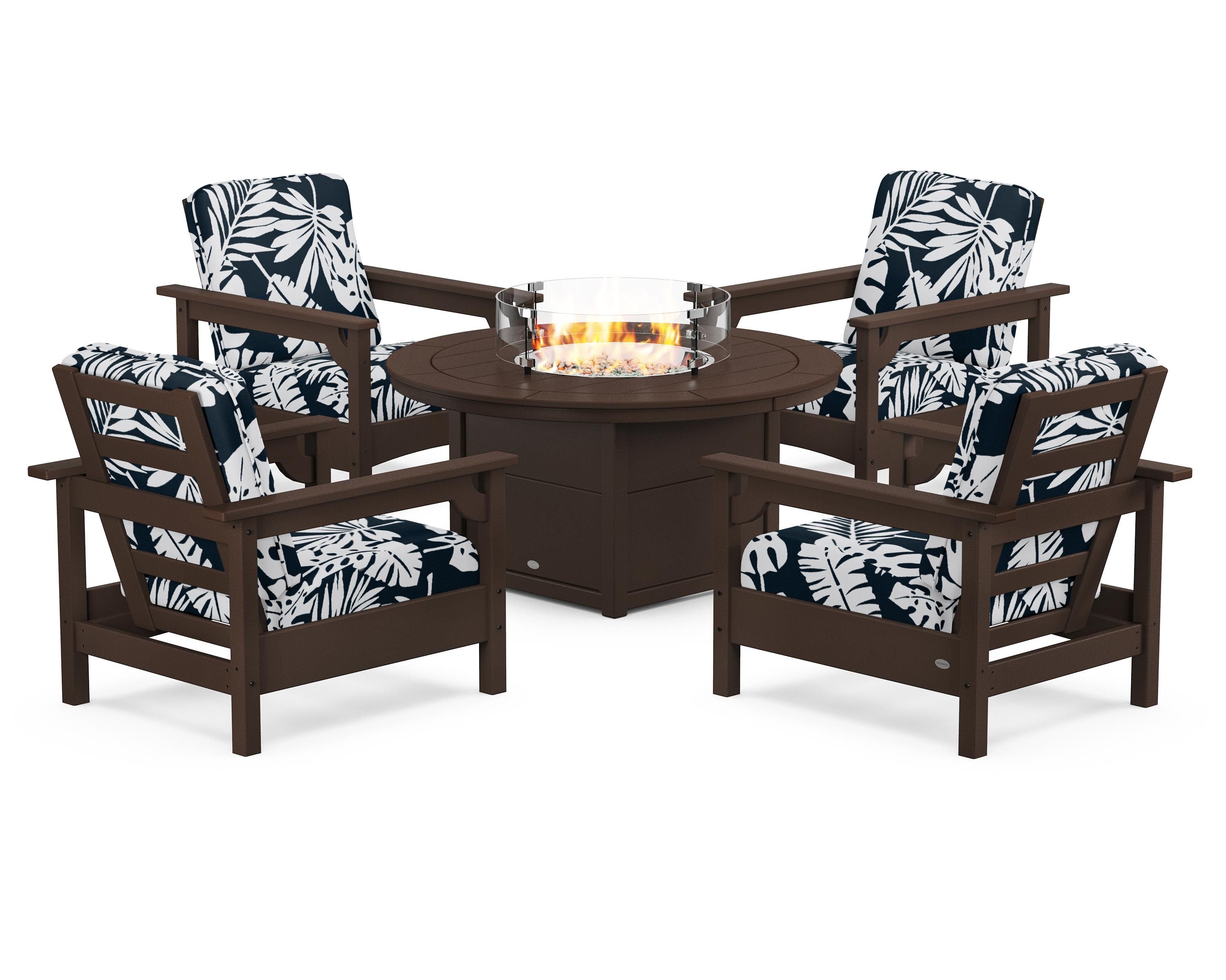 POLYWOOD® Club 5-Piece Conversation Set with Fire Pit Table in Mahogany / Leaf Marine Indigo
