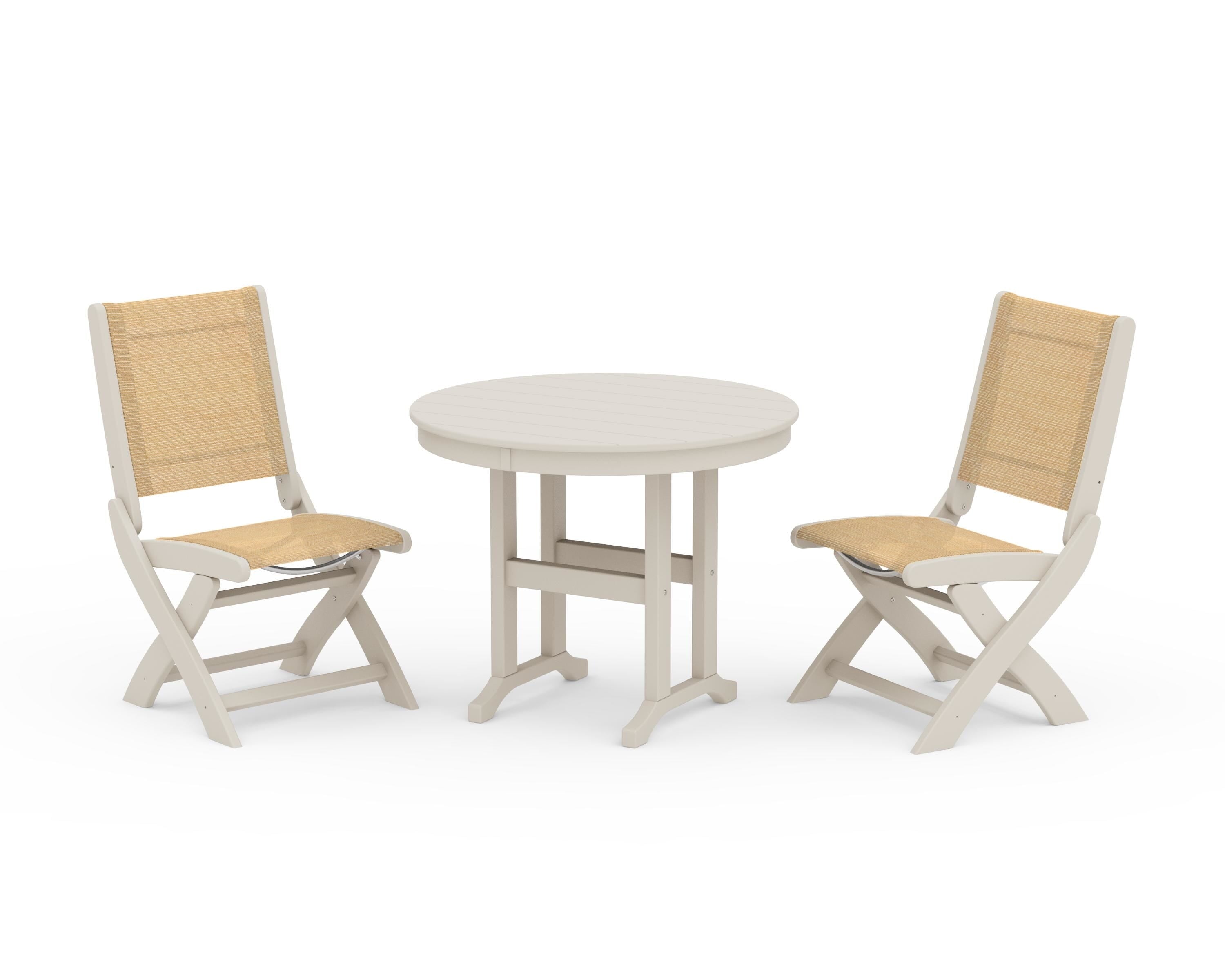 POLYWOOD® Coastal Folding Side Chair 3-Piece Round Dining Set in Sand / Dupioni Apricot Sling
