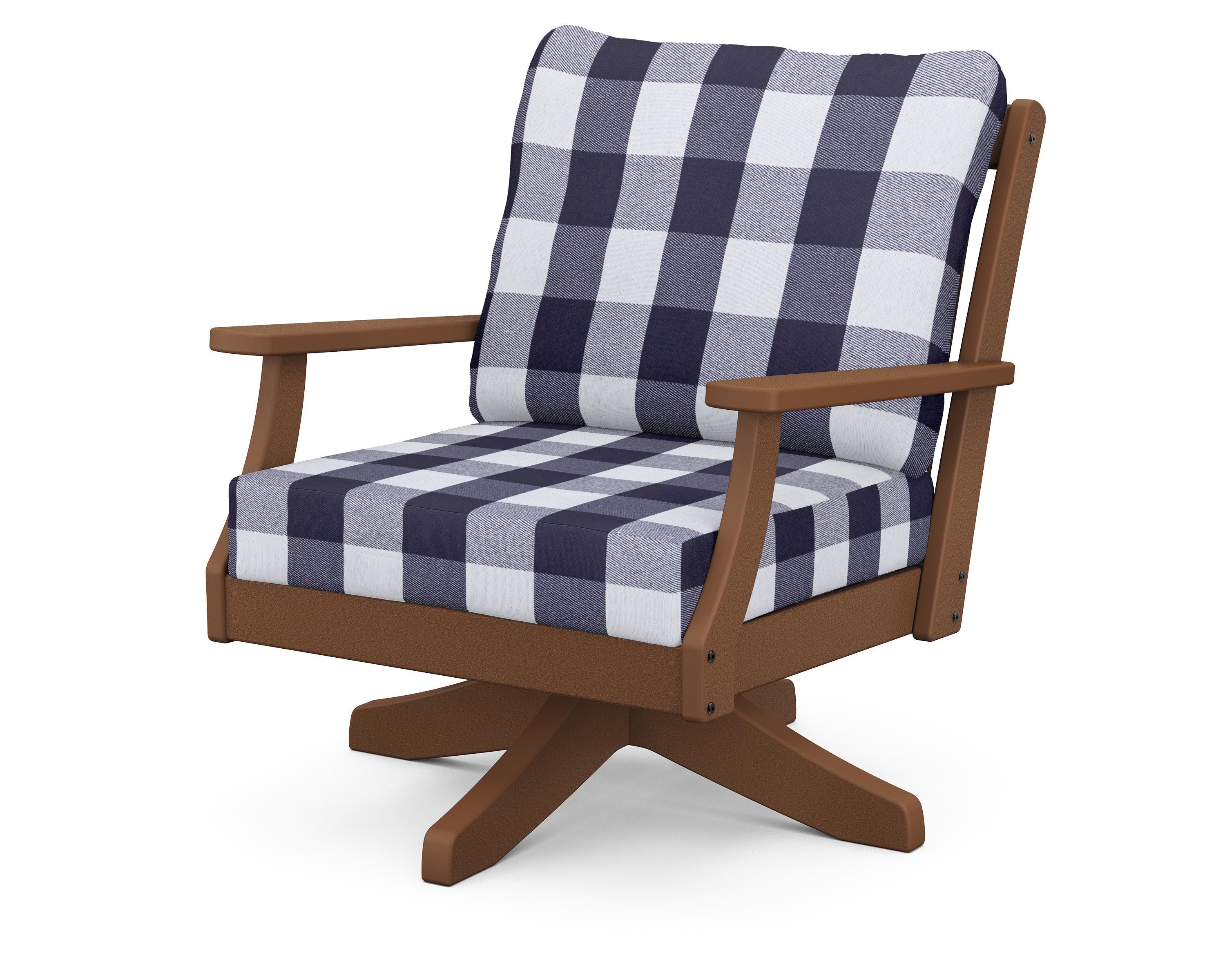 POLYWOOD® Braxton Deep Seating Swivel Chair in Teak / Buffalo Plaid Navy
