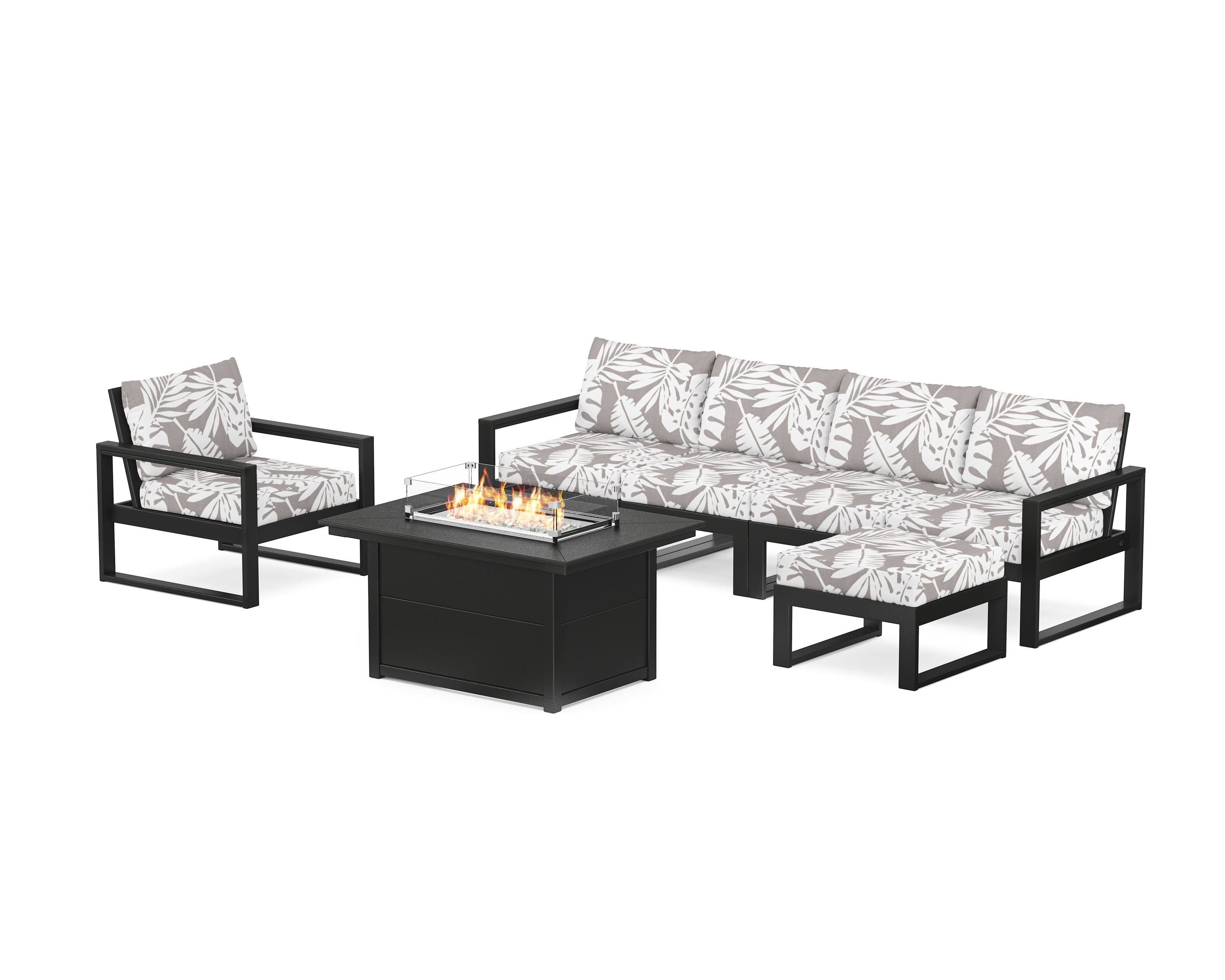 POLYWOOD® EDGE Sectional Lounge and Fire Pit Set in Black / Leaf Grey Mist
